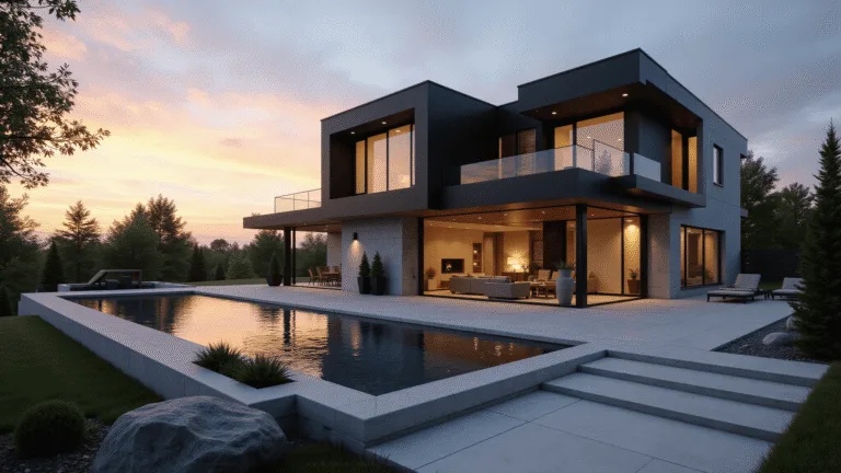 Photorealistic modern Bloxburg mansion at sunset, featuring dramatic angular architecture, floor-to-ceiling windows, black accent walls, minimalist landscaping, infinity pool, and floating steps to a glass entrance, captured in cinematic composition with ambient lighting and hyper-realistic details.