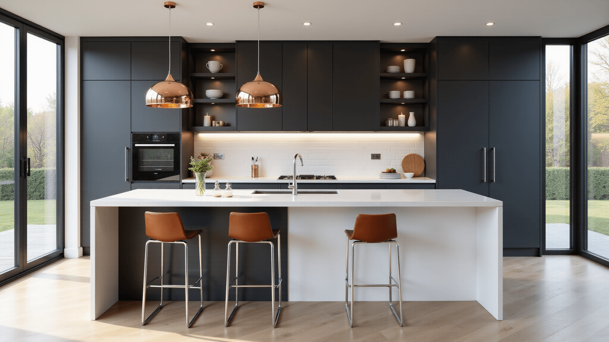A modern luxury kitchen featuring matte charcoal cabinets, a white quartz waterfall island, copper pendant lights, leather bar stools, and pale oak flooring, captured in dramatic morning light through large windows, with a focus on hyper-realistic textures and architectural elements.