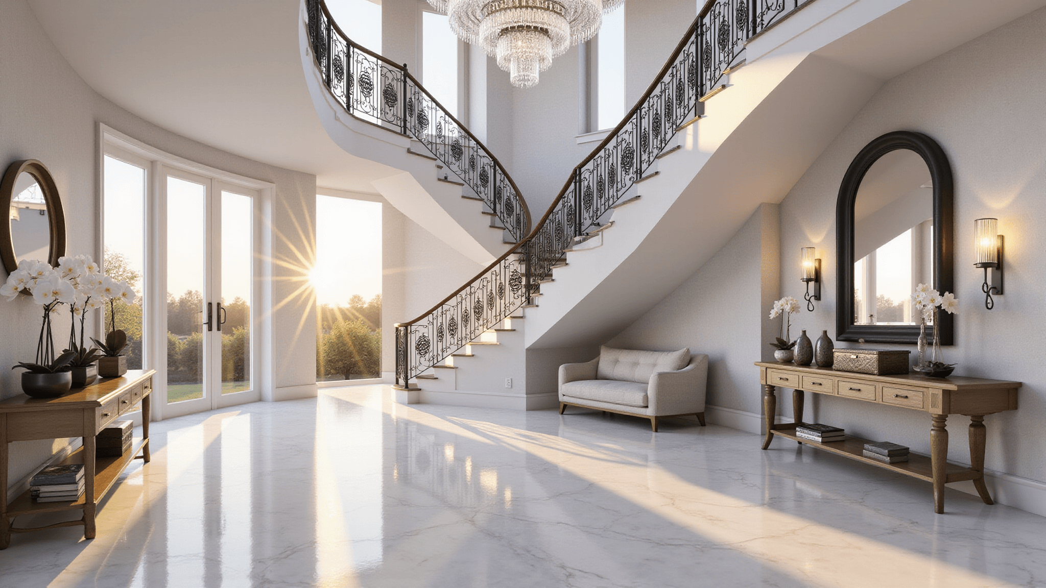 Photorealistic architectural visualization of a grand two-story foyer with a marble staircase, crystal chandelier, and floor-to-ceiling windows, featuring luxury decor and ambient lighting in 8K ultra HD.