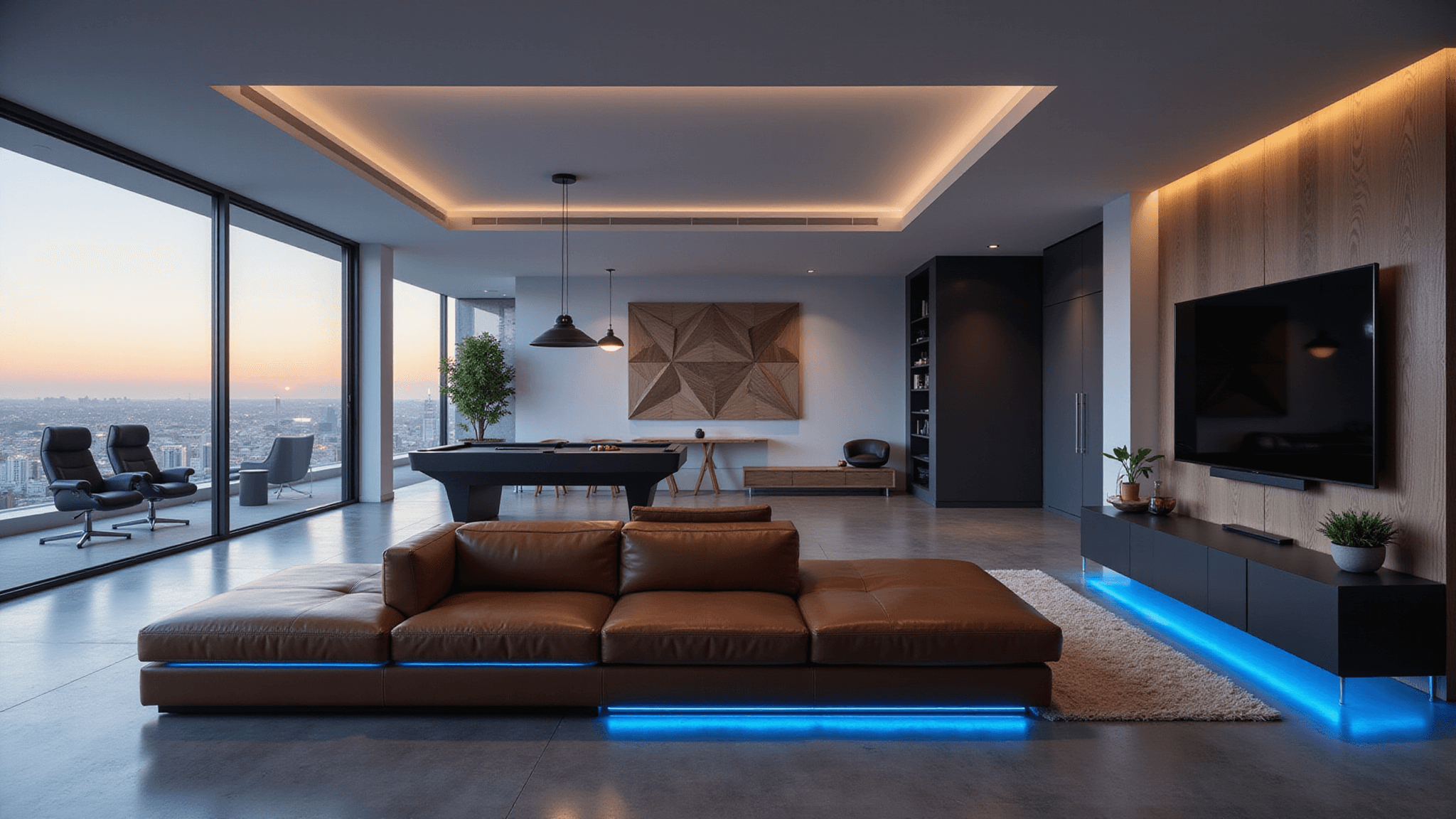 Photorealistic wide-angle shot of a modern luxury gaming room with city views, featuring a cognac leather sectional, a large OLED TV, a matte black pool table, LED strip lighting, and minimalist decor.