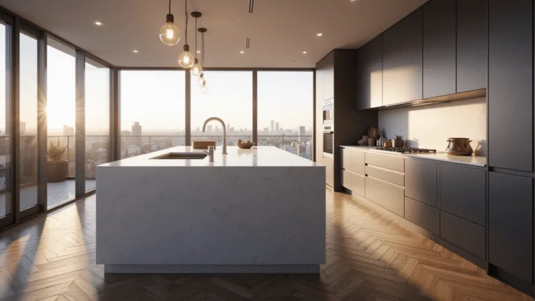 Photorealistic modern luxury kitchen featuring sleek gray handleless cabinets, a white quartz waterfall island, and a dramatic cityscape view through floor-to-ceiling windows, all illuminated by soft golden hour lighting.