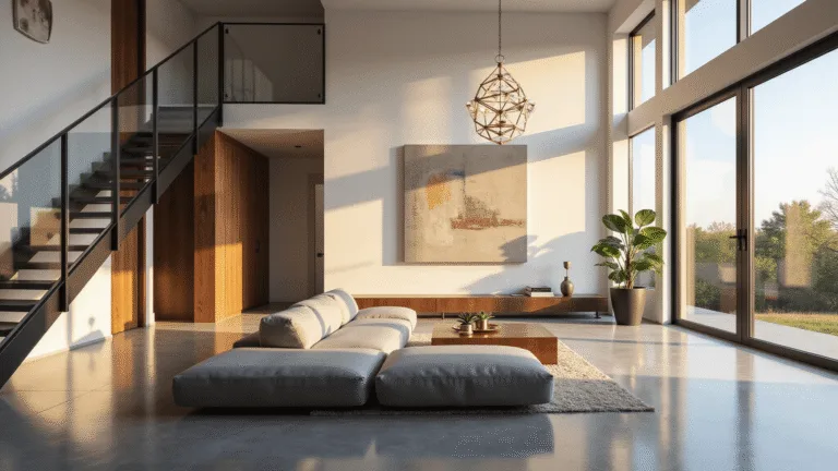 Photorealistic image of a modern luxury living room featuring polished concrete floors, floor-to-ceiling windows, a floating glass staircase, and minimalist white walls, illuminated by golden hour sunlight. The space includes a grey L-shaped sectional sofa, geometric brass chandelier, abstract art in muted tones, and a fiddle leaf fig plant, all captured with cinematic lighting and dramatic depth of field.