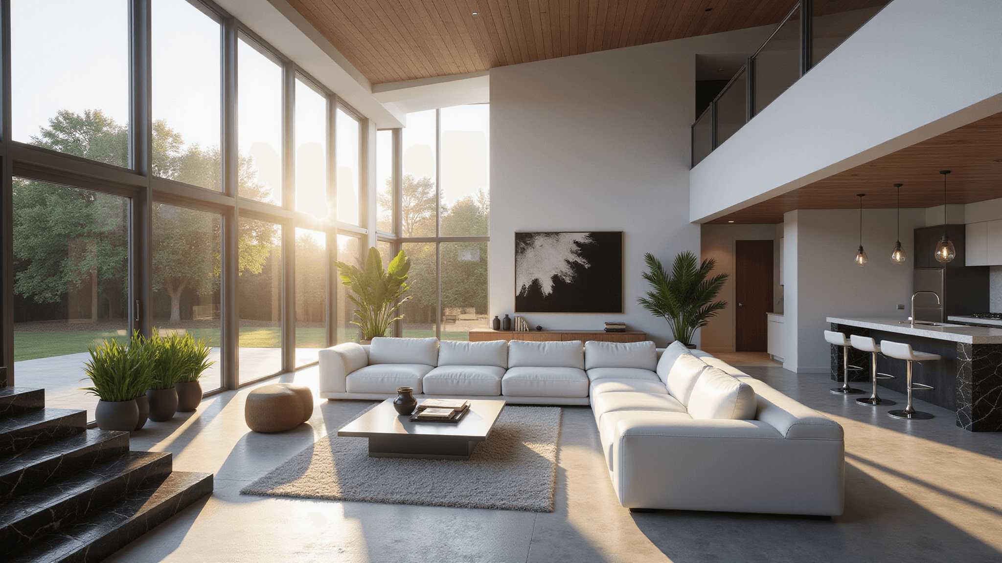 Photorealistic interior shot of a modern luxury mansion living room featuring a white leather sectional, glass coffee table, and black marble staircase, with large windows and warm afternoon light creating dramatic shadows on polished concrete floors.