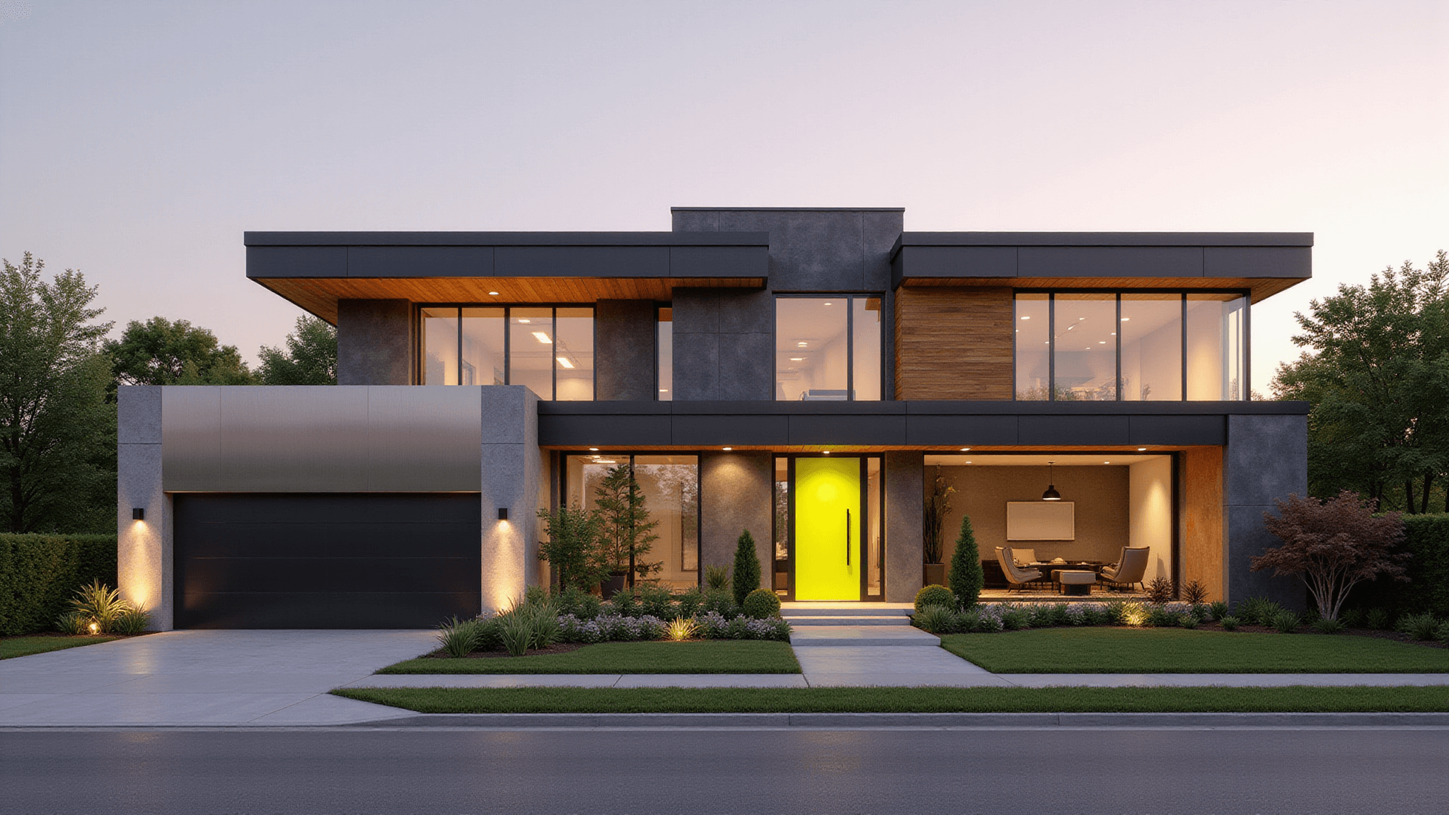 Photorealistic exterior of a modern luxury mansion at golden hour, featuring asymmetrical design, floor-to-ceiling windows, and a neon yellow front door, surrounded by contemporary landscaping and highlighted by warm directional lighting.