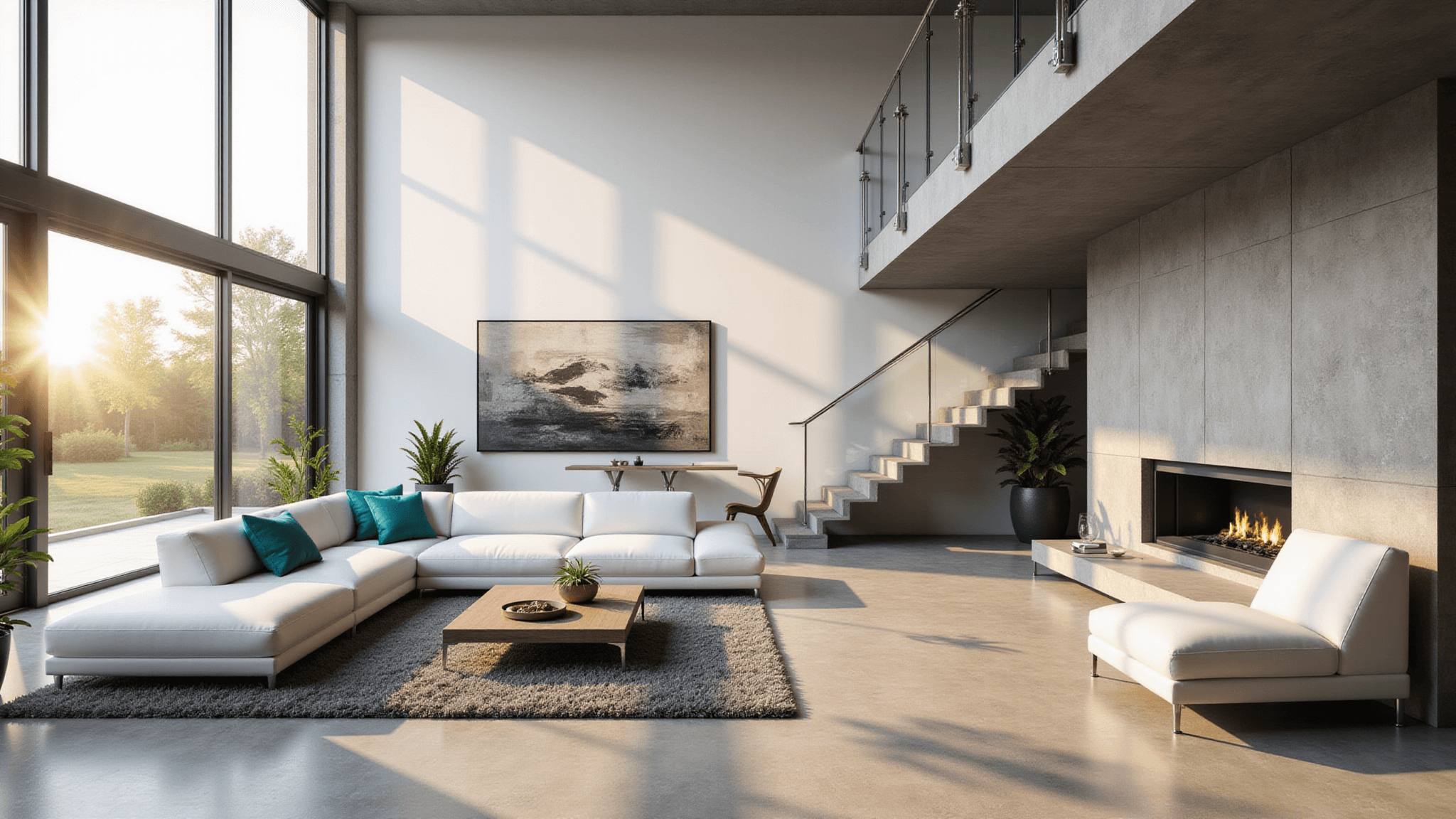 A luxurious modern living room in a Bloxburg mansion, featuring a floating glass staircase, white leather sectional, minimalist fireplace, and floor-to-ceiling windows, all illuminated by warm afternoon sunlight with polished concrete floors and abstract art.