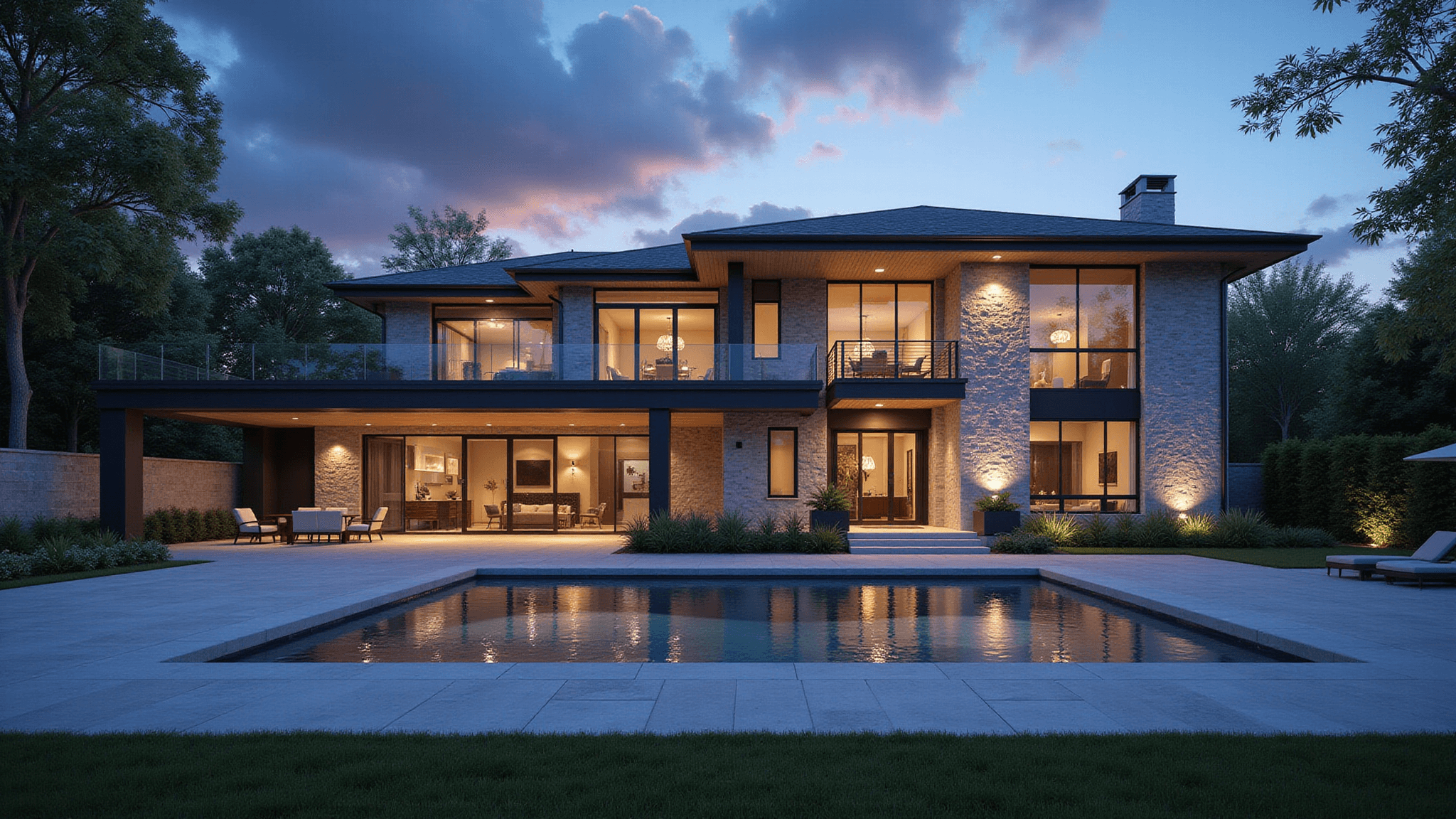 Photorealistic exterior of a luxury mansion at twilight, featuring a grand entrance, floor-to-ceiling windows, stone and glass facade, dramatic uplighting, warm interior glow, infinity pool, and professional landscaping, captured in ultra HD quality with cinematic composition.