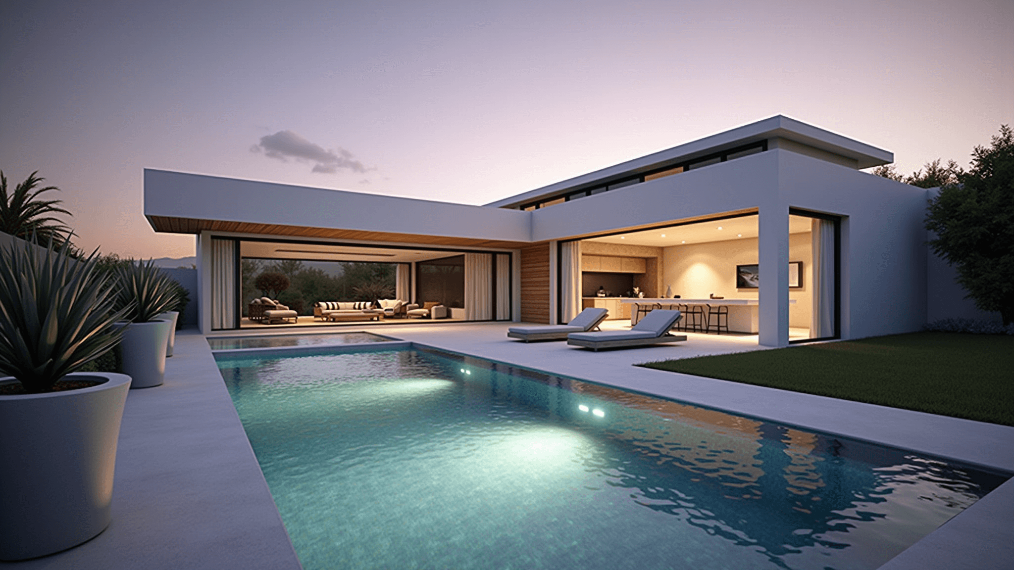 Photorealistic rendering of a modern luxury villa at twilight featuring an L-shaped infinity pool, warm teak wood and white stucco exterior, and minimalist outdoor furniture, with a soft purple-orange sky and dramatic lighting.