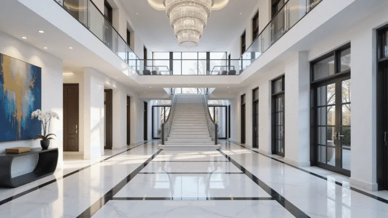 Photorealistic grand foyer of a modern luxury mansion featuring a sweeping double staircase with glass railings, 20-foot high ceilings, a massive crystal chandelier, polished white marble floors with black geometric inlays, and oversized abstract art, illuminated by volumetric afternoon sunlight.