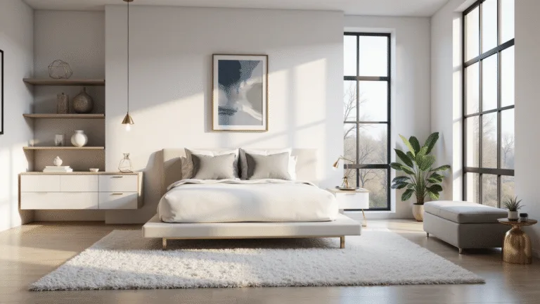Photorealistic render of a modern minimalist Bloxburg bedroom featuring a platform bed with white linens, floor-to-ceiling windows, light oak hardwood flooring, sleek nightstands with gold lamps, and an abstract art piece above the bed, illuminated by warm pendant lighting.