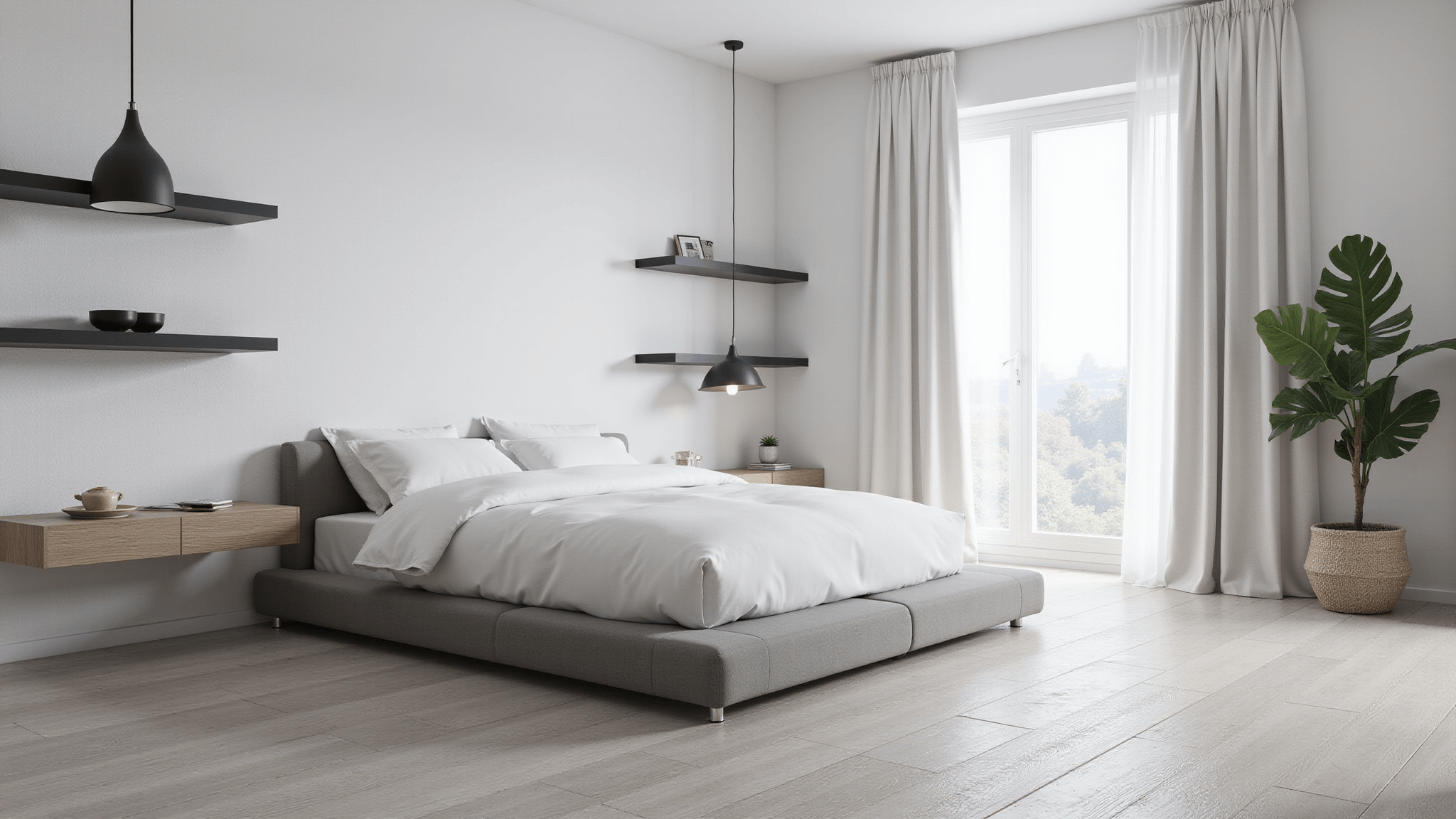 Hyperrealistic architectural visualization of a modern minimalist bedroom featuring white walls, light grey oak flooring, a low-profile platform bed, large floor-to-ceiling window with sheer curtains, and geometric floating shelves, illuminated by morning sunlight.