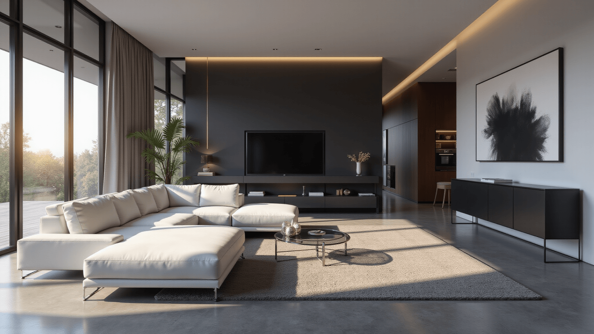 Photorealistic 3D rendering of a modern minimalist living room in Bloxburg, featuring a white leather L-shaped sectional, a matte black entertainment unit, polished concrete floors, geometric wall art, and a glass coffee table, illuminated by indirect LED lighting and natural sunlight during golden hour, showcasing clean lines and hyperrealistic textures.