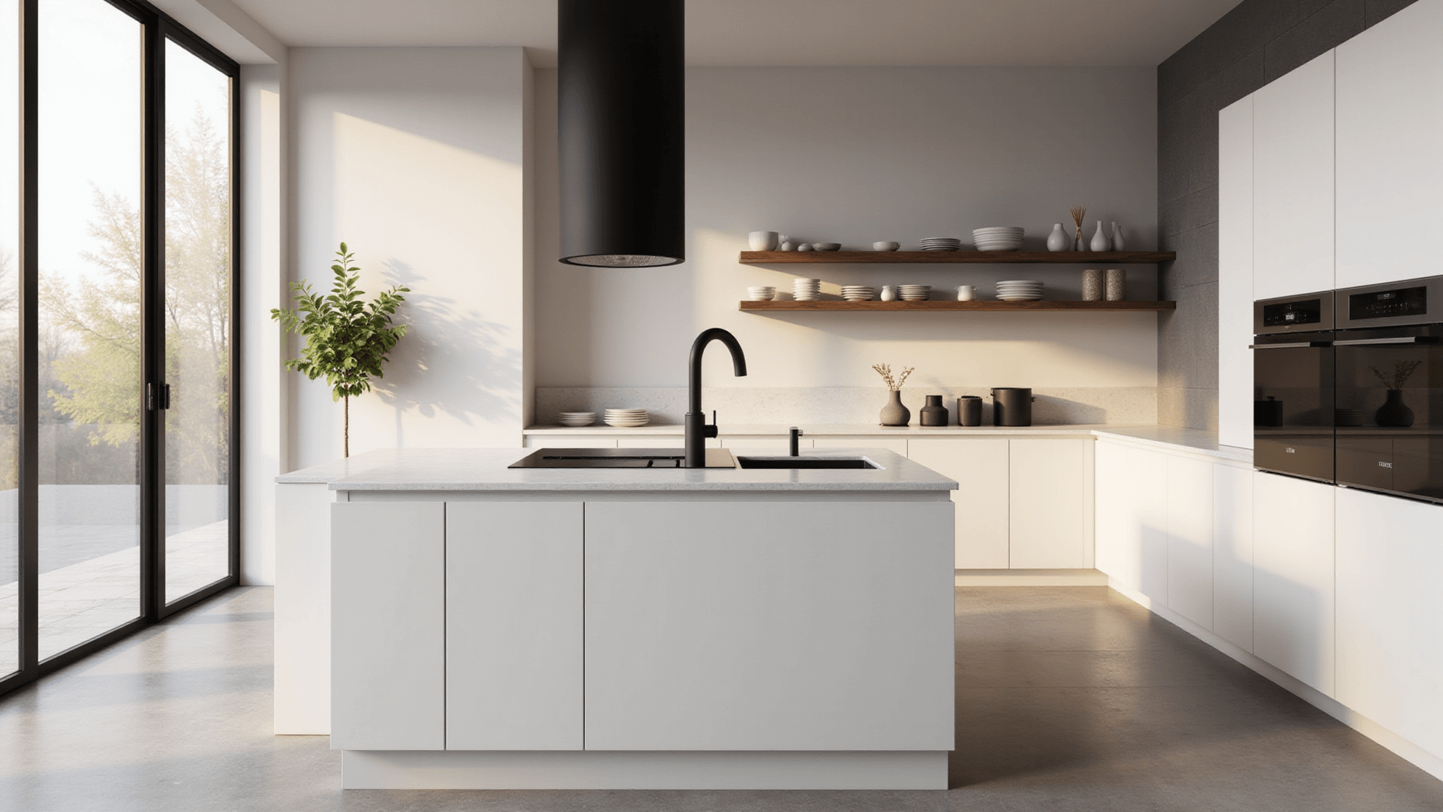 Photorealistic render of a minimalist kitchen with white quartz countertops, matte black hardware, and morning sunlight streaming through large windows.