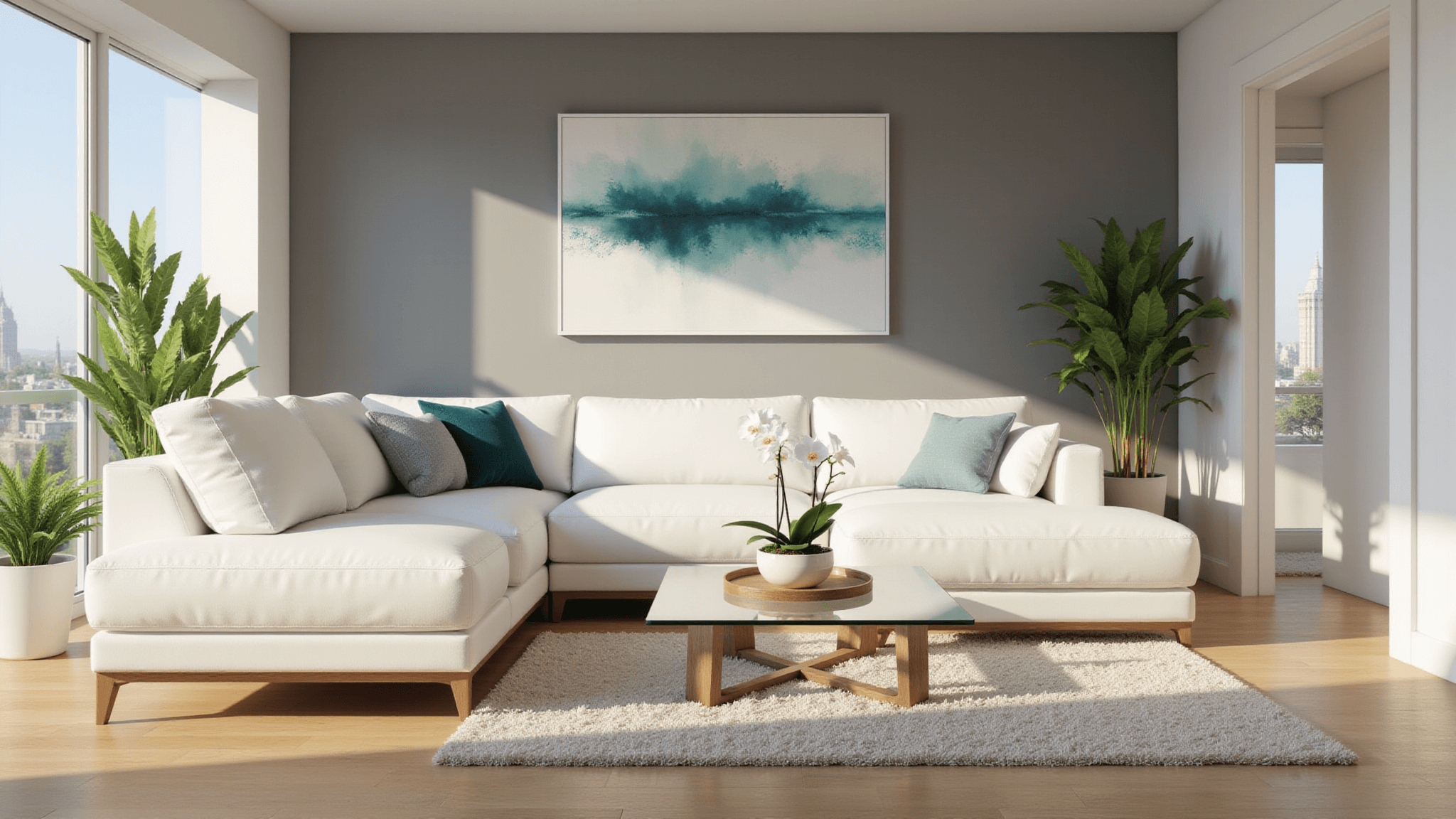 A photorealistic architectural visualization of a spacious modern minimalist living room with soft morning sunlight, featuring a white leather sectional sofa, glass coffee table with a white orchid, abstract teal artwork, warm grey accent wall, light oak flooring, plush cream rug, indoor plants, and coordinating throw pillows, all captured in high detail with cinematic lighting.