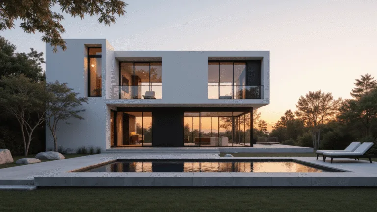 A modern minimalist villa exterior during golden hour, featuring stark white cubic structures, black metal-framed windows, geometric landscaping, an infinity pool reflecting the sunset, and warm interior lighting, captured in a photorealistic architectural style.