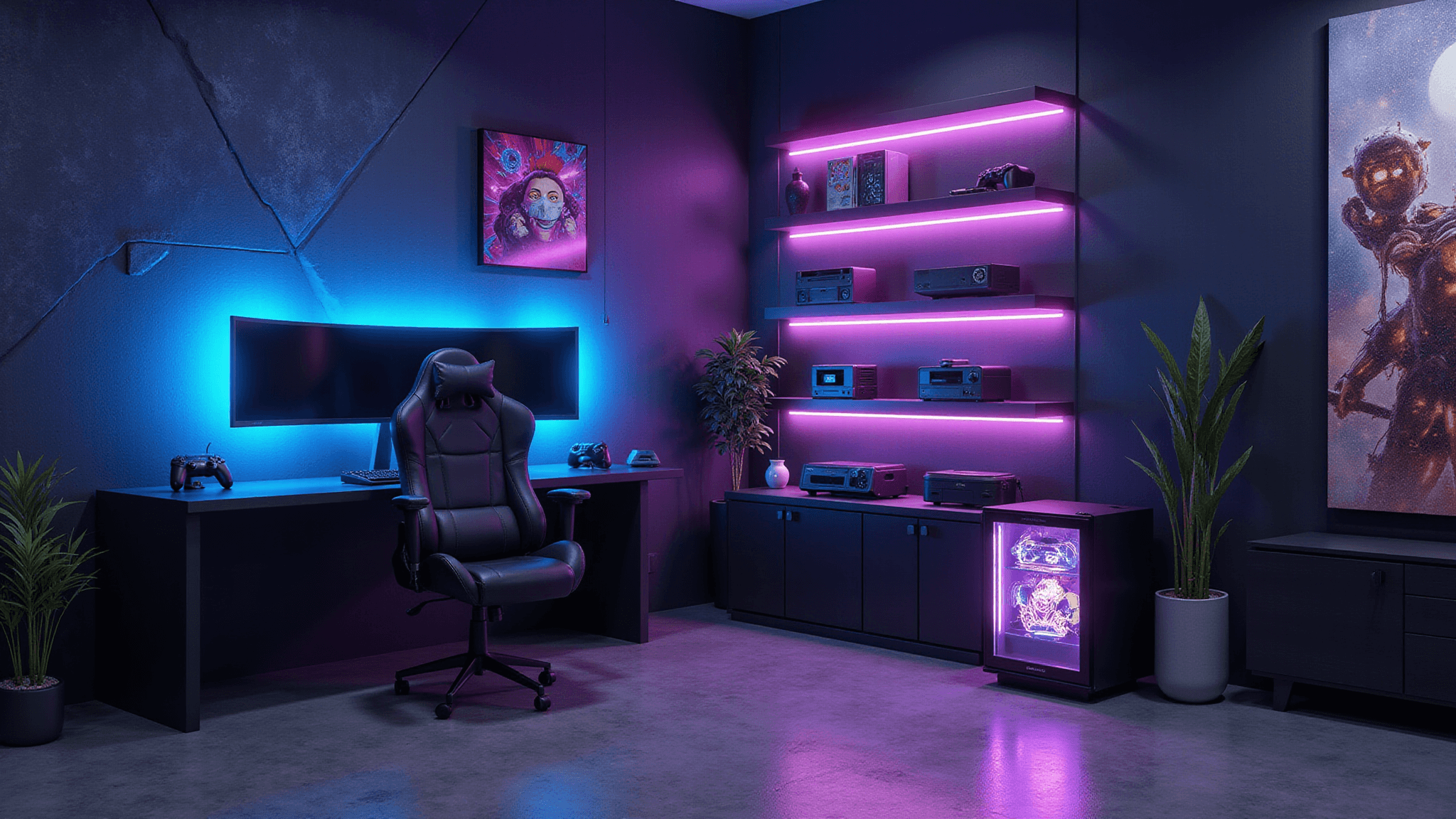 A luxurious gaming room with a large curved ultrawide monitor, minimalist black desk, ambient neon lighting, and vintage gaming collectibles, featuring a sleek gaming chair and polished concrete floors.