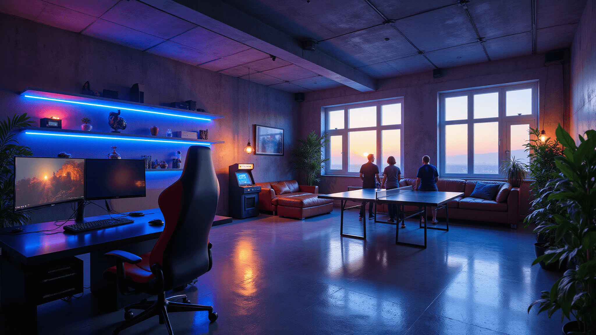 A photorealistic interior of a modern office game room showcasing a professional gaming setup, a sleek ping-pong table, and a lounge area with leather sofas and a vintage arcade cabinet, all illuminated by dramatic RGB lighting and warm sunset light, featuring an industrial-modern aesthetic.