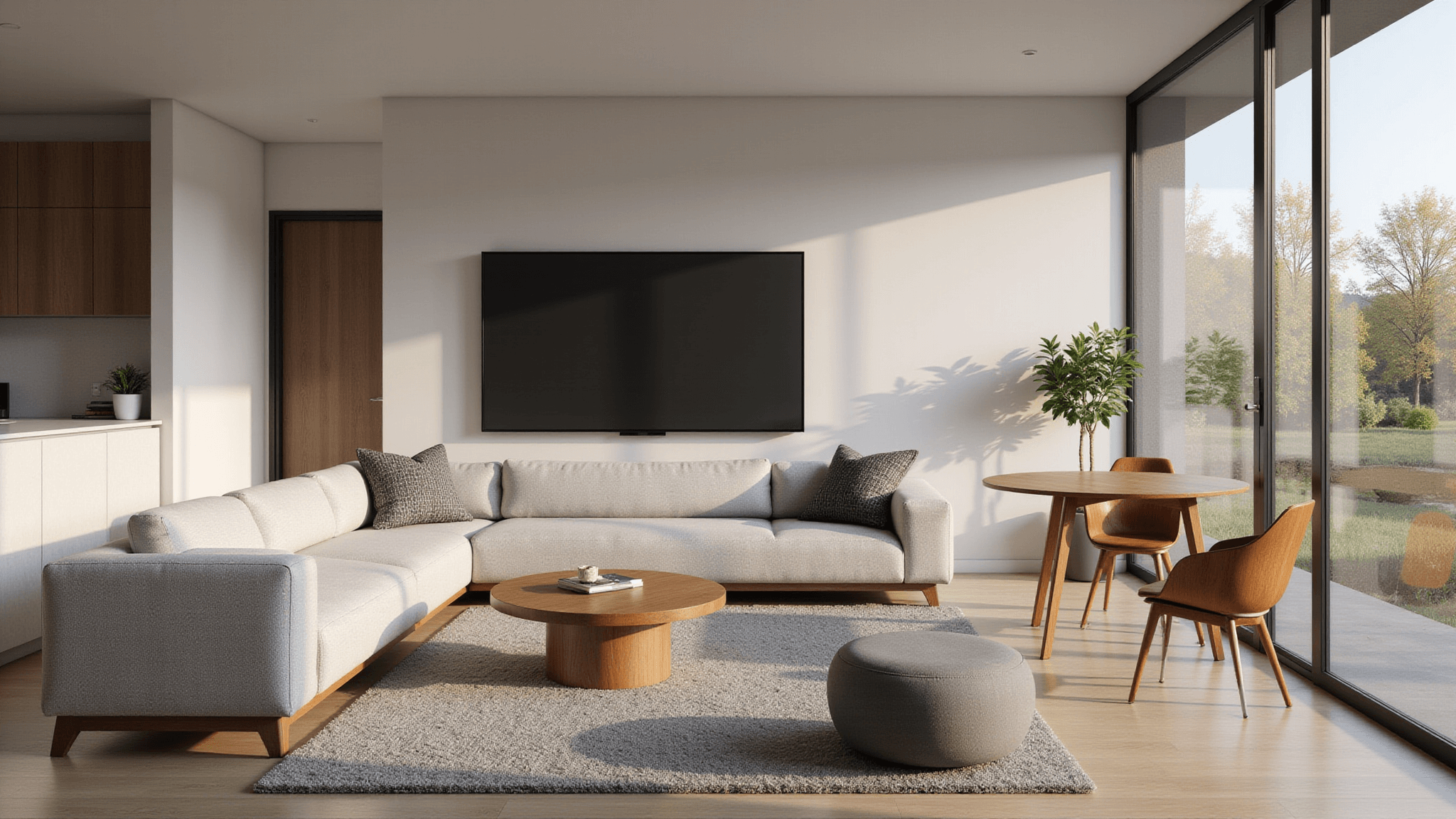 Photorealistic modern open-concept living room featuring a light gray L-shaped sectional sofa, wall-mounted TV, and mid-century dining table, illuminated by warm afternoon sunlight streaming through floor-to-ceiling windows.