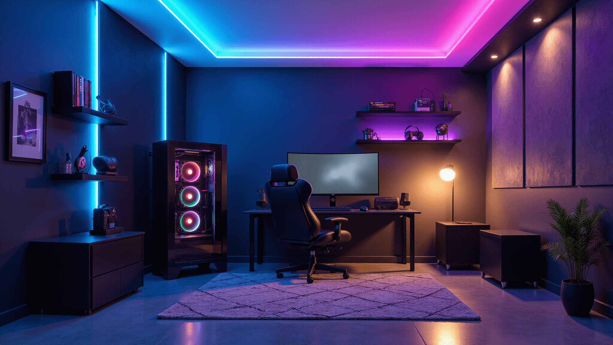 Hyperrealistic image of a compact modern gaming room featuring RGB LED lighting, ultra-wide curved monitor, custom-built PC, and organized cable management, with geometric acoustic panels and indirect lighting.