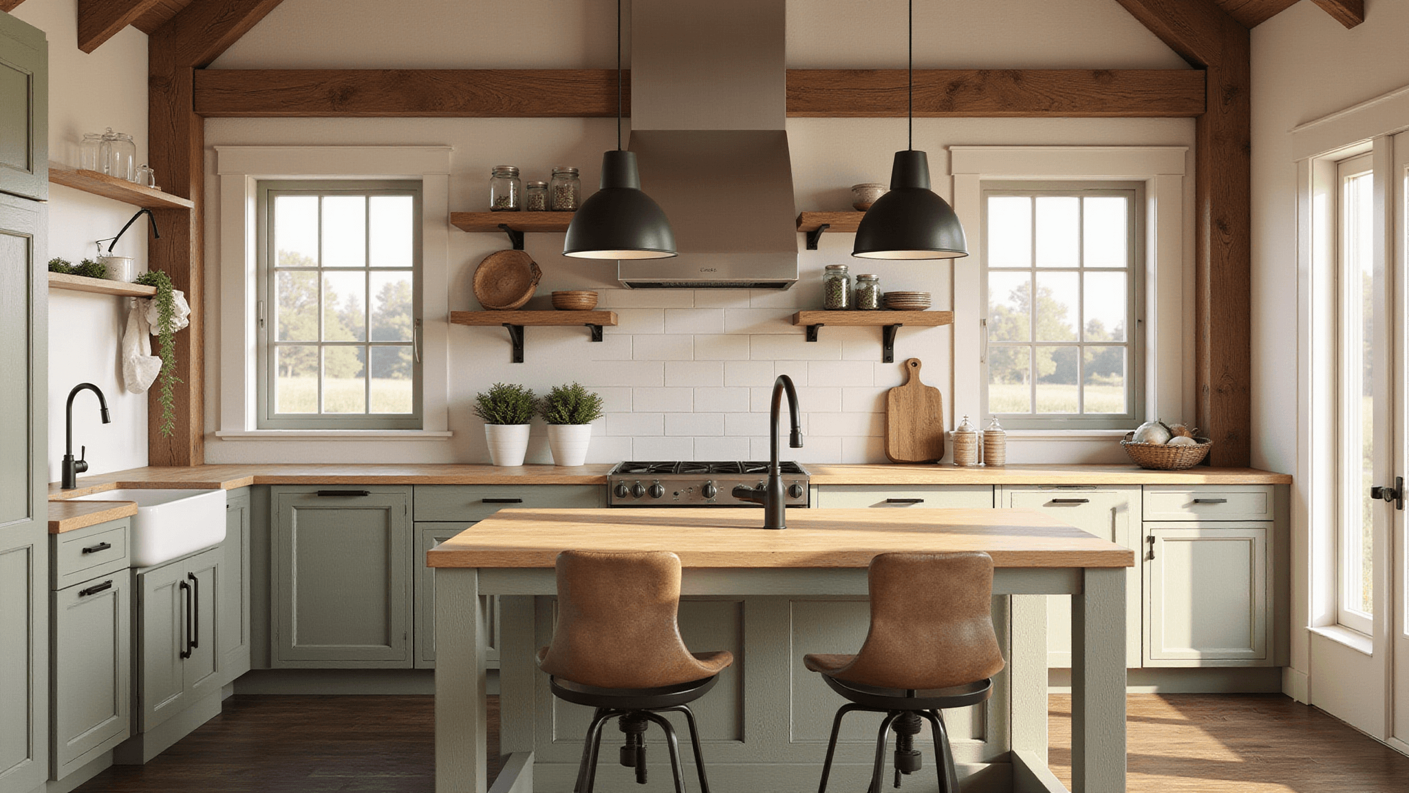 Hyperrealistic architectural visualization of a cozy 12x15 ft Bloxburg kitchen featuring exposed wooden beams, distressed oak cabinets, an oversized farmhouse sink, and a butcher block central island with vintage bar stools, illuminated by golden sunlight streaming through large windows, with open shelving showcasing Mason jars and hanging copper pots.