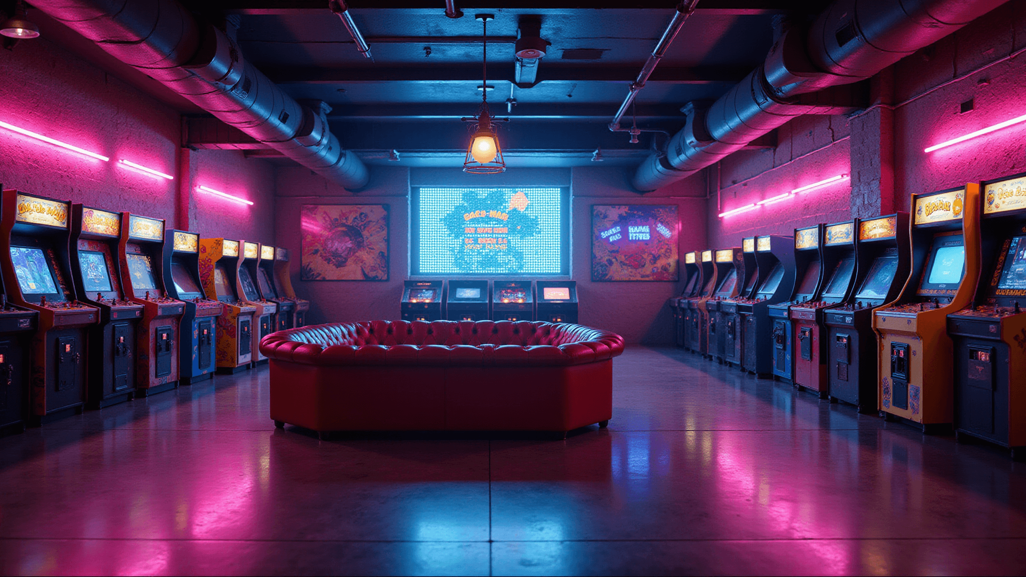 A wide-angle view of a retro arcade room with classic upright cabinets, neon ambiance, a red leather gaming lounge, illuminated pinball machines, and vibrant murals, all captured in hyperrealistic 8K quality.