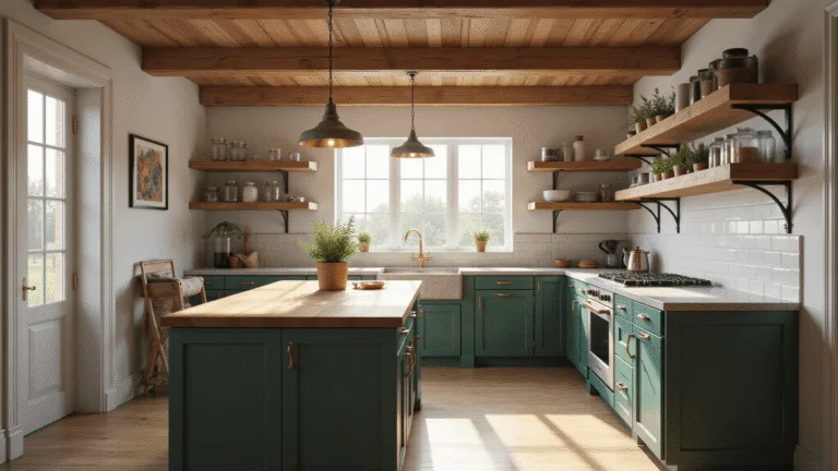 Photorealistic 3D render of a rustic-chic kitchen with exposed wooden beams, forest green shaker cabinets, honed granite countertops, and vintage decor, illuminated by afternoon sunlight.