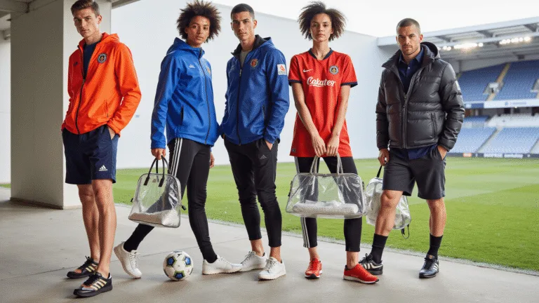 A lifestyle shot of soccer fan outfits, including jerseys, sneakers, and accessories, arranged in a modern stadium with natural lighting, showcasing team colors and layered styles from summer to winter.