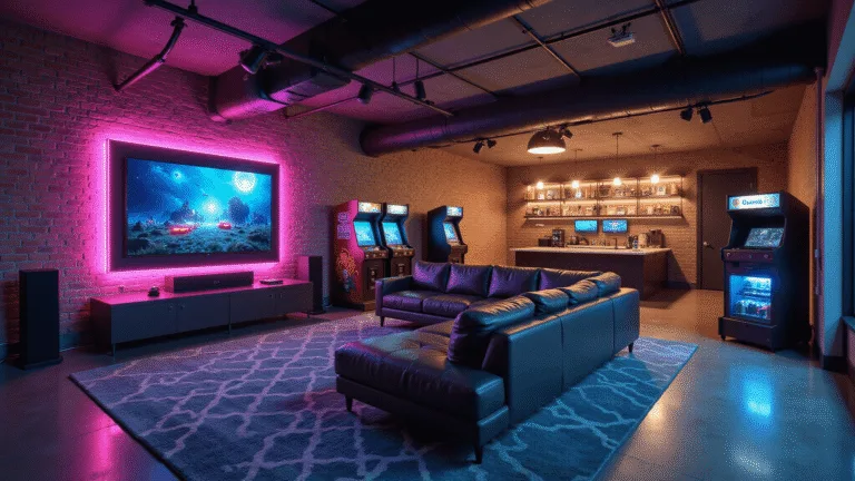 A luxurious gaming sanctuary in a converted garage, featuring an 85-inch TV on an exposed brick wall, vintage arcade cabinets, a charcoal gray sectional, a custom bar with collectibles, and modern gaming setups, all illuminated by dramatic RGB and warm lighting during golden hour.