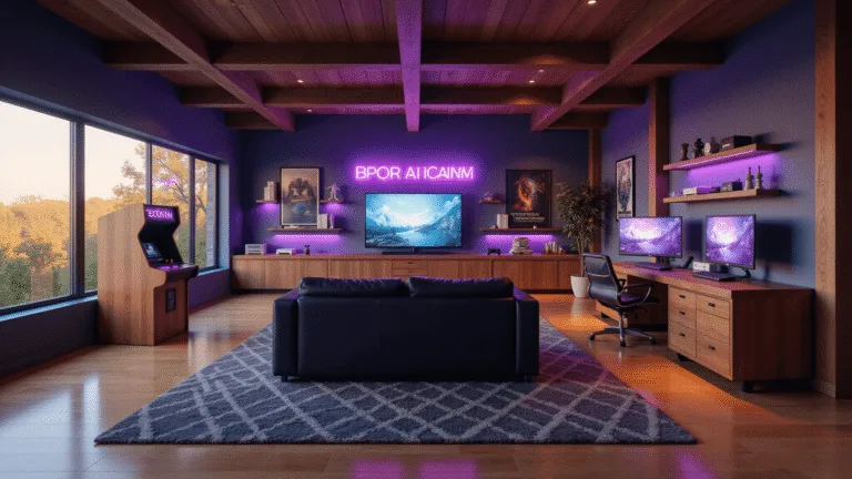 Cinematic ultra-wide shot of a luxurious gaming bedroom with an L-shaped black gaming desk, triple monitor setup, RGB LED strips, premium gaming chair, and geometric wall panels, all highlighted by ambient lighting and morning light filtering through sheer curtains.