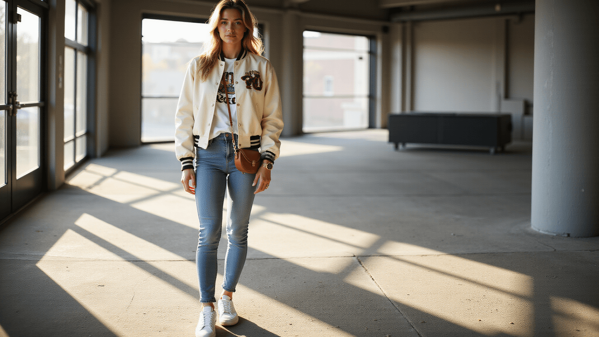 A young woman in high-waisted light wash jeans and a vintage graphic tee, wearing an oversized cream varsity bomber jacket and white Nike Air Force 1s, stands in a sunlit arena entrance adorned with glass doors, casting dramatic shadows. She accessorizes with delicate gold jewelry and a small leather crossbody bag, embodying a sports-luxe style.
