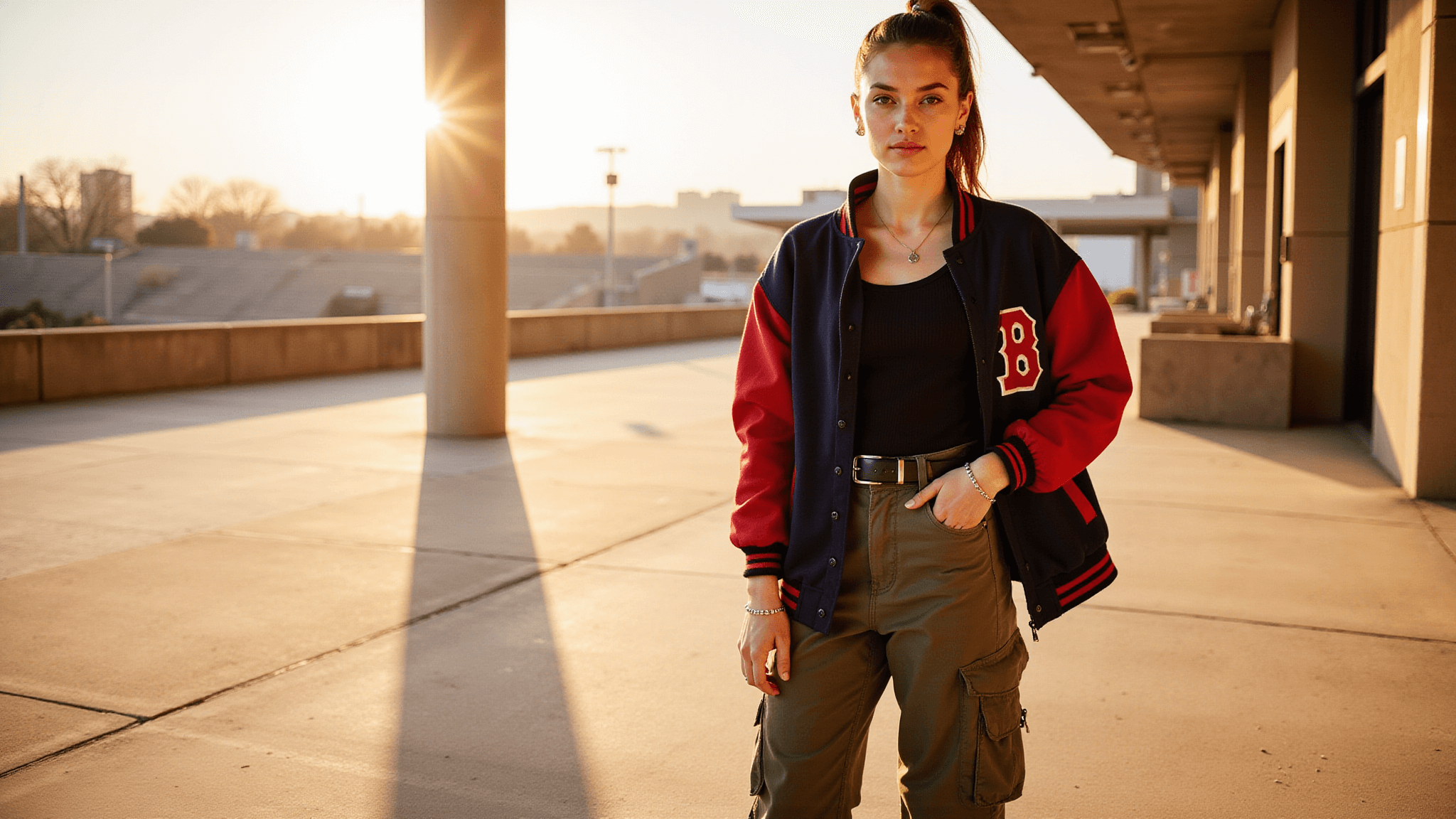 A young woman in an oversized navy and red varsity jacket and olive cargo pants stands in a stadium concourse during sunset, showcasing a stylish athleisure look with black platform New Balance sneakers and minimal silver jewelry, highlighted by warm golden hour light and dramatic shadows.