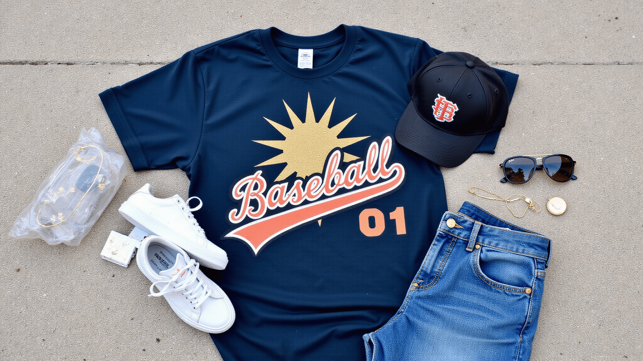 A flat lay of a vintage baseball gameday outfit featuring a retro team cap, a graphic tee, denim jeans, white sneakers, a clear bag, sunglasses, and gold jewelry, arranged on textured concrete with natural daylight.
