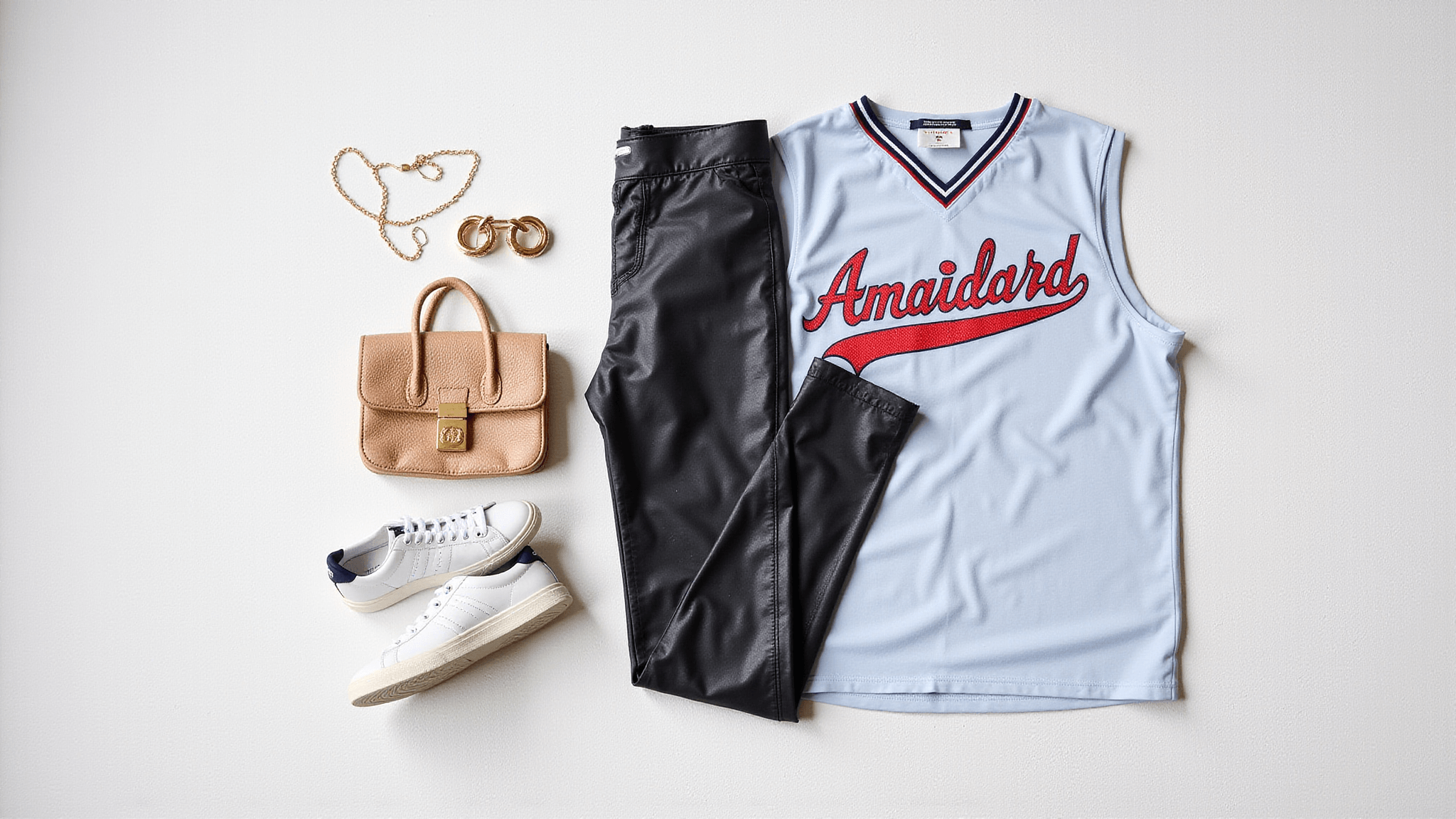 Flat lay of a vintage team jersey, leather leggings, white sneakers, and gold accessories arranged on a white textured background with natural lighting, perfect for game day outfits.