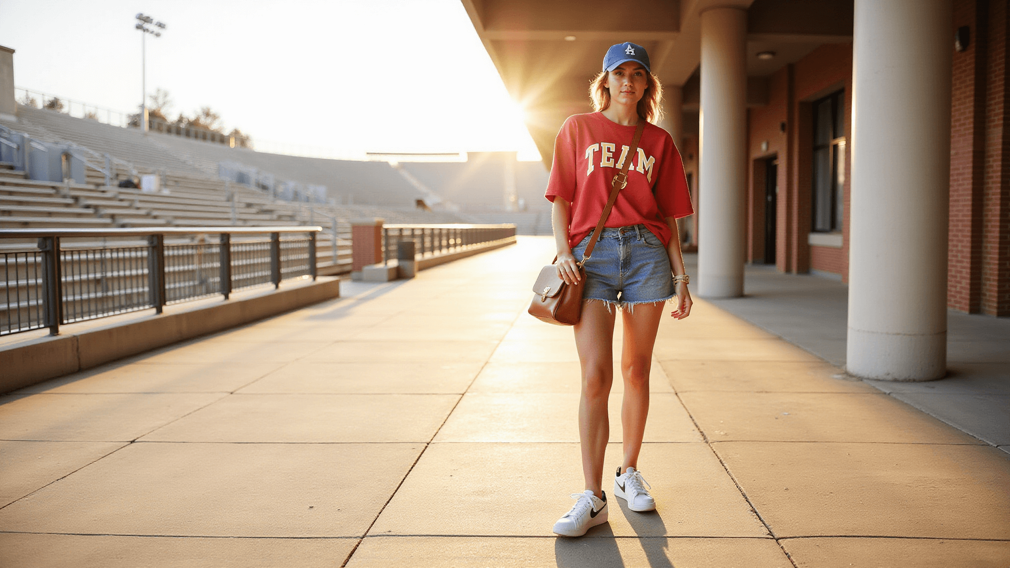 A young woman in an oversized vintage team tee and high-waisted denim shorts stands in a sunlit college stadium concourse during golden hour, wearing white Nike sneakers and a vintage baseball cap, with a cognac brown leather crossbody bag, against a backdrop of retro stadium architecture.