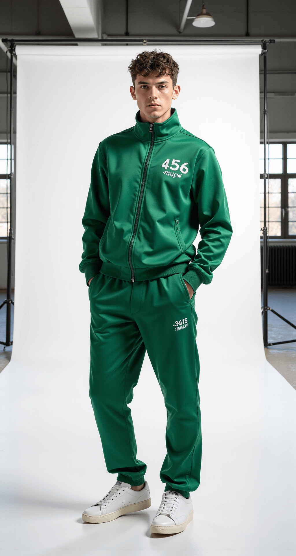A fashion model poses confidently in a green tracksuit with '456' on the chest, paired with white slip-on sneakers, in a minimalist photography studio flooded with natural morning light, against a clean white backdrop.