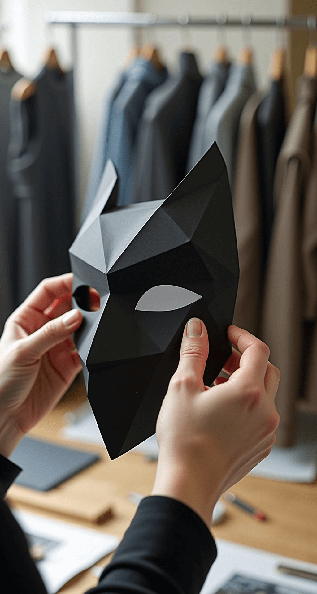 A close-up of hands applying a matte black geometric mask made from cardstock in a bright studio filled with clothing racks, surrounded by organized crafting materials and precision tools, showcasing detailed textures and clean edges under natural side lighting.