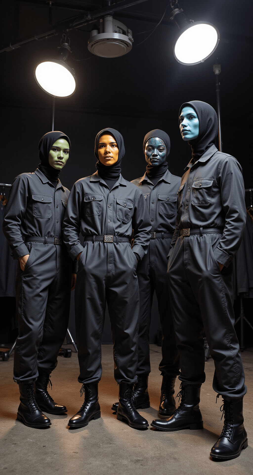 A moody studio scene featuring five models in stylized Squid Game guard outfits with geometric masks, showcasing varied jumpsuit styling. The jumpsuits are neatly pressed, and their boots gleam. Behind them, clothing racks and lighting equipment add depth to the composition, captured in a wide shot to highlight the group and costume details.