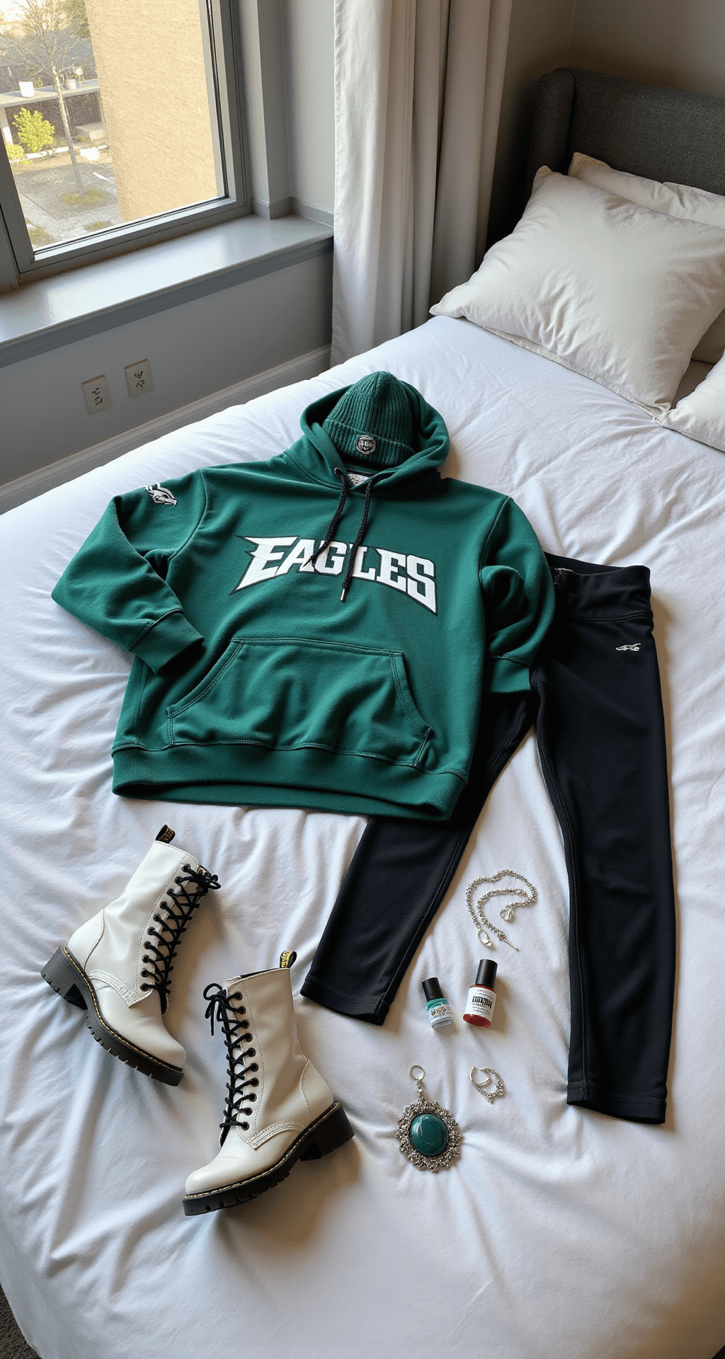 How to Create the Perfect Eagles Game Day Outfit: A Fashion for Female Fans Close-up of a styled outfit flat lay on a white duvet in a modern bedroom, featuring an oversized Eagles hoodie, black thermal leggings, an emerald green wool beanie, and white combat boots, with team-colored accessories like face decals, nail polish, and silver jewelry scattered around, illuminated by soft morning light.