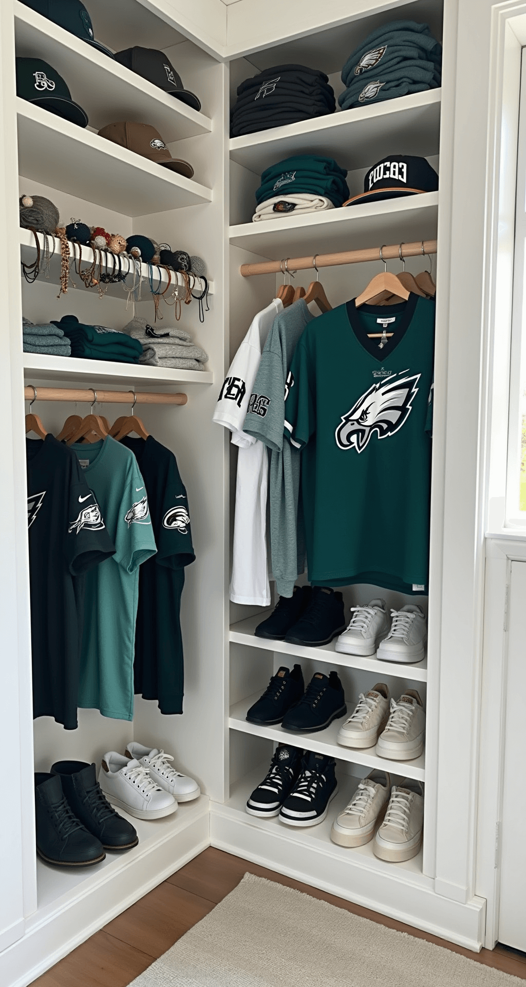How to Create the Perfect Eagles Game Day Outfit: A Fashion for Female Fans Bright, minimalist walk-in closet showcasing Eagles game day outfits organized by color, with accessories on floating shelves and a neatly lined collection of white sneakers below, all captured in clean, natural light.