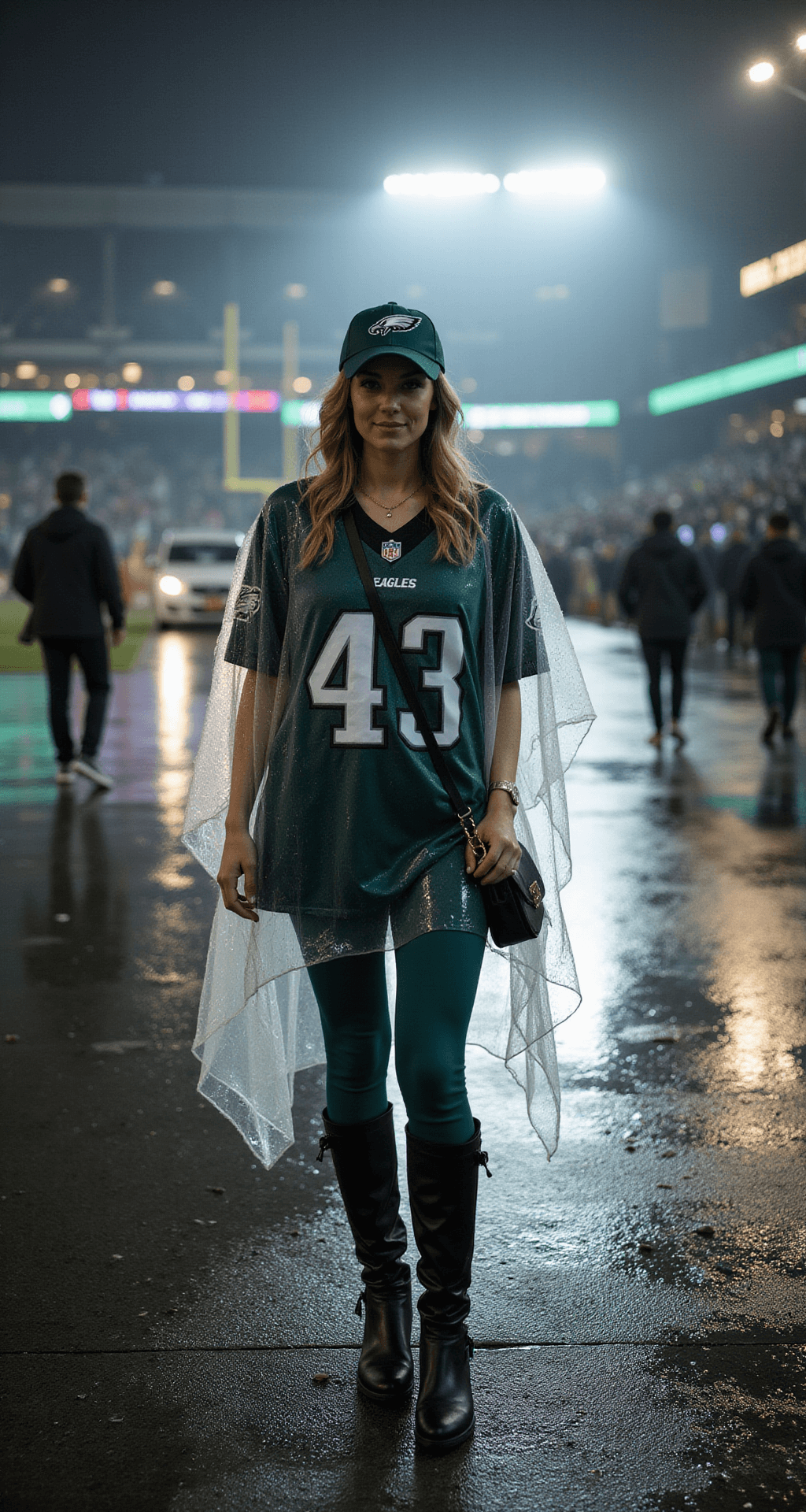 How to Create the Perfect Eagles Game Day Outfit: A Fashion for Female Fans A female fan stands at a rain-soaked stadium entrance, wearing a clear poncho over an Eagles jersey dress, black waterproof boots, and hunter green leggings. She sports a team baseball cap and holds a crossbody bag, illuminated by dramatic stadium lights against a moody evening backdrop.
