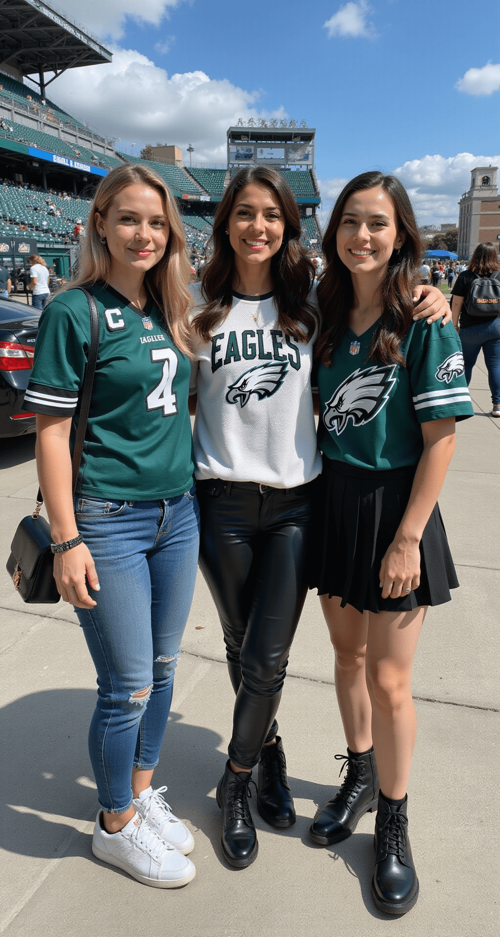 How to Create the Perfect Eagles Game Day Outfit: A Fashion for Female Fans Three female Philadelphia Eagles fans pose in a sunlit stadium concourse, showcasing their unique styles: one in a fitted jersey with denim, another in an oversized team sweater with leather pants, and the last in a vintage Eagles tee with a pleated skirt. Each outfit incorporates team colors and personalized accessories, embodying authentic pre-game excitement in a candid photojournalistic style.