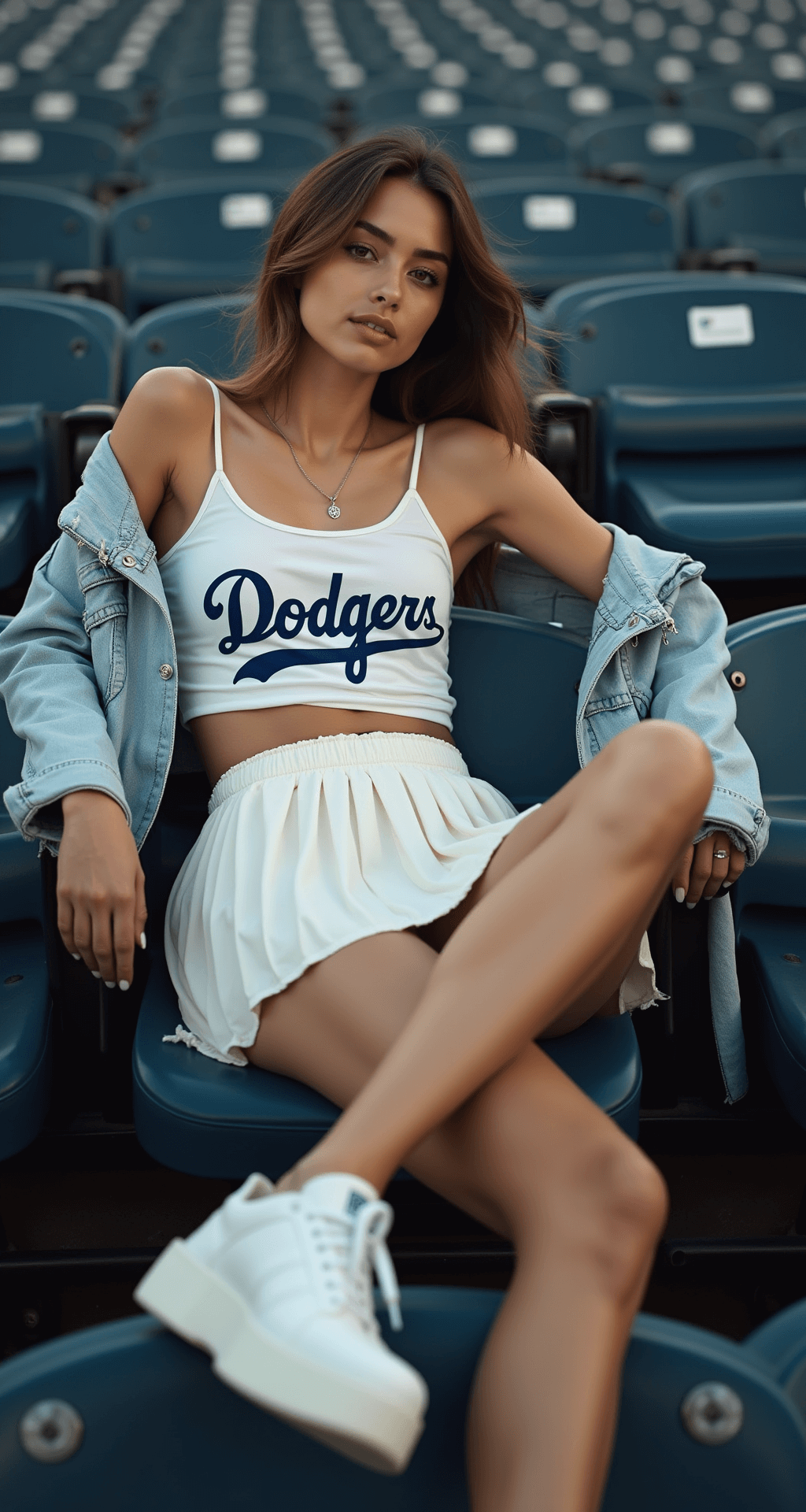 Close-up of a model in a cropped Dodgers tank top and pleated white tennis skirt, relaxed in stadium seating at magic hour, with a light denim jacket draped over her shoulders and clean white platform sneakers, highlighting textural details against soft evening light.