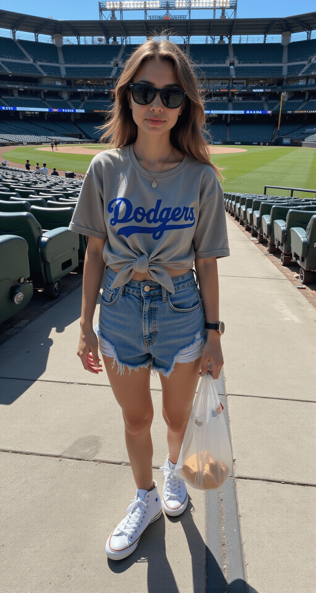 A young woman stands in a wide-angle stadium shot at high noon, wearing a vintage Dodgers tee knotted at the waist, distressed high-rise denim shorts, and classic white Converse high-tops. She accessorizes with a minimal gold necklace and black Ray-Ban Wayfarers, while a clear stadium bag reveals neatly arranged essentials. The scene captures sharp shadows and bright highlights, evoking a casual summer vibe.