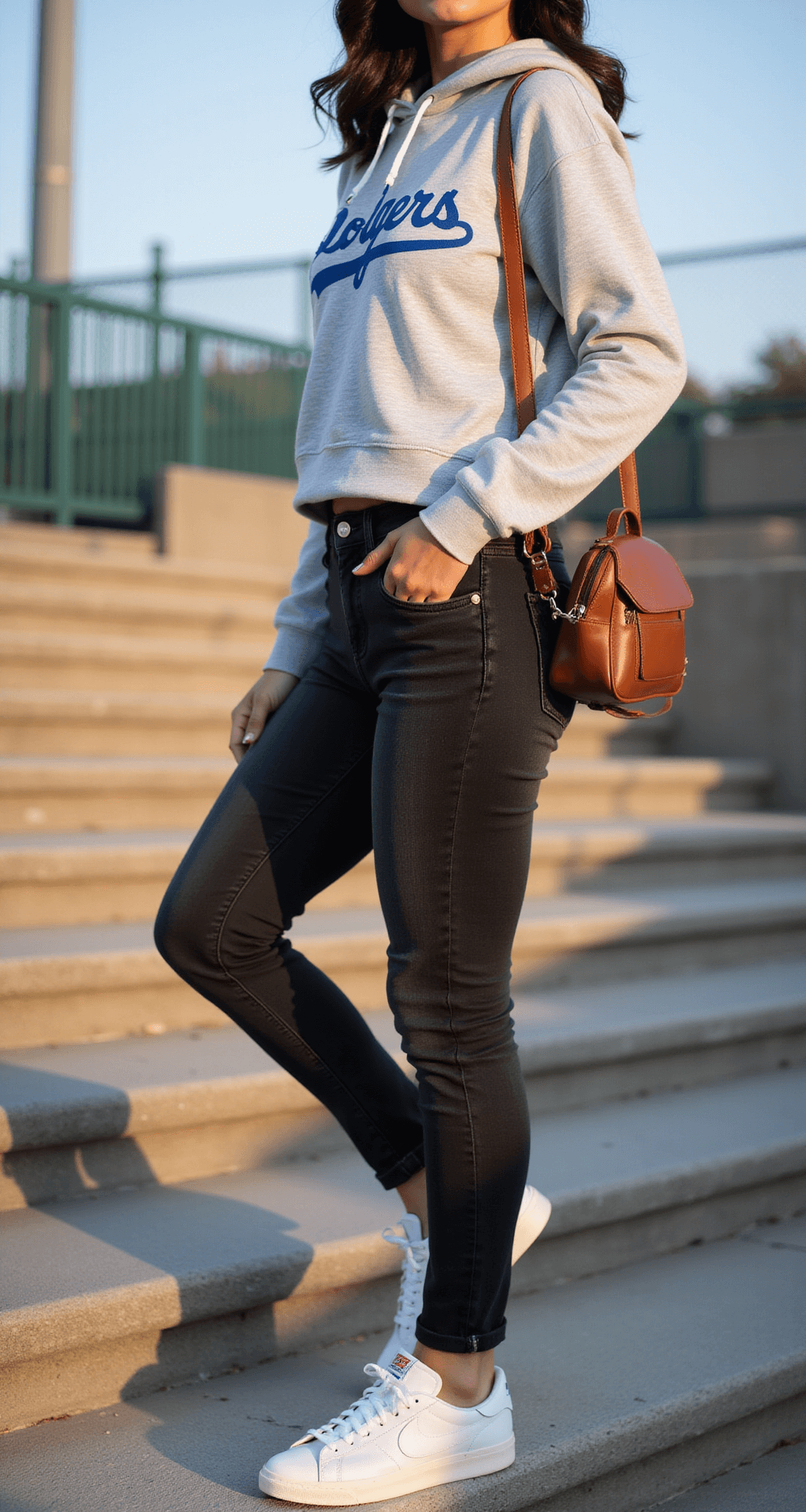 A person ascends stadium steps in a cropped gray Dodgers hoodie, high-waisted black mom jeans, and white Nike Blazer Mid sneakers, with a vintage cognac brown leather mini backpack. Late afternoon sun casts long shadows, highlighting their casual-cool silhouette in profile.