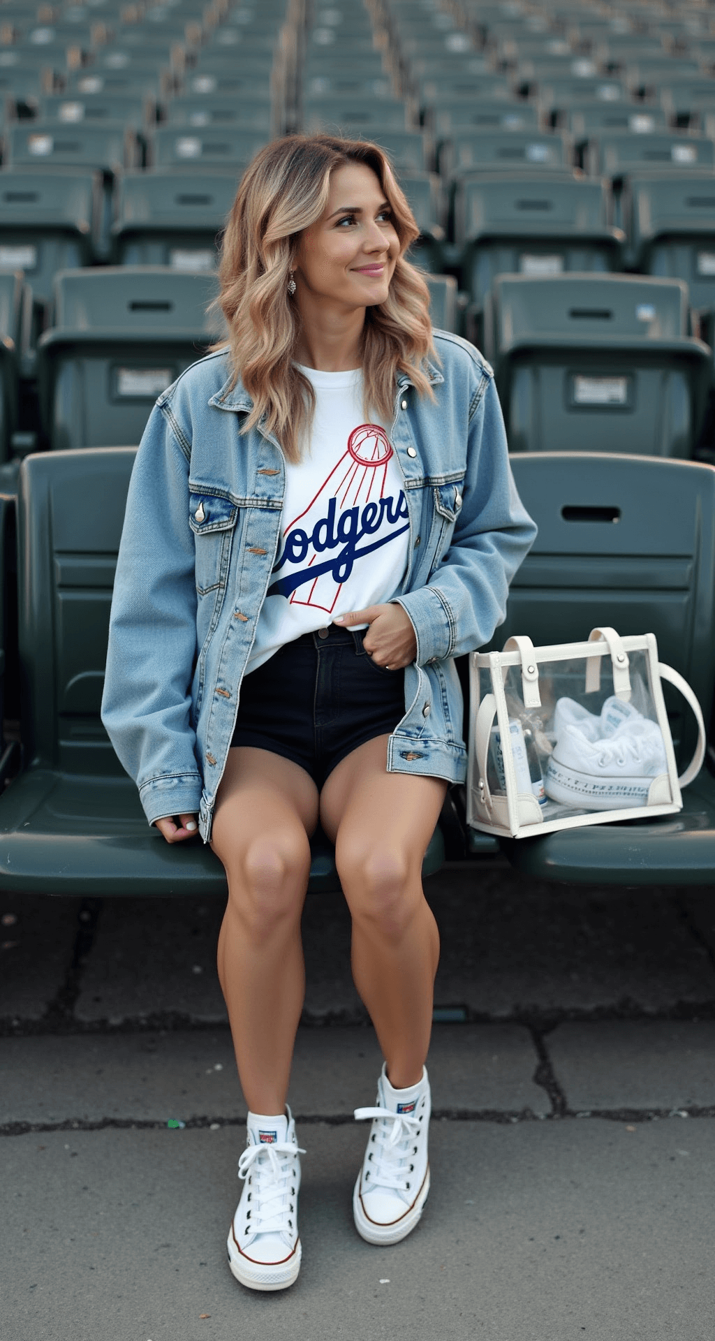 A close-up of a young woman seated in a stadium during twilight, wearing a white baby tee with a retro Dodgers graphic layered under an oversized light wash denim jacket. She pairs black bike shorts with classic white platform Converse shoes. A clear stadium bag displays carefully chosen game day essentials, while a soft focus background enhances the outfit details.