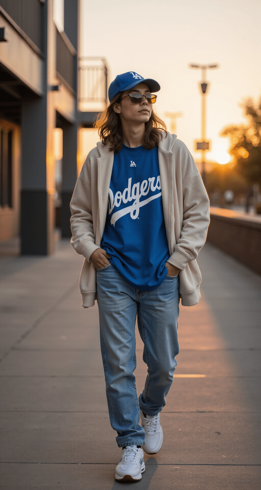 A person walks dynamically along the stadium exterior at sunset, wearing an oversized Dodgers tee tucked into light wash straight-leg jeans, complemented by white Nike Air Max 90s. A cream-colored sweatshirt is tied around the shoulders, and they sport a retro team cap and tortoise shell sunglasses, all illuminated by warm golden hour lighting.