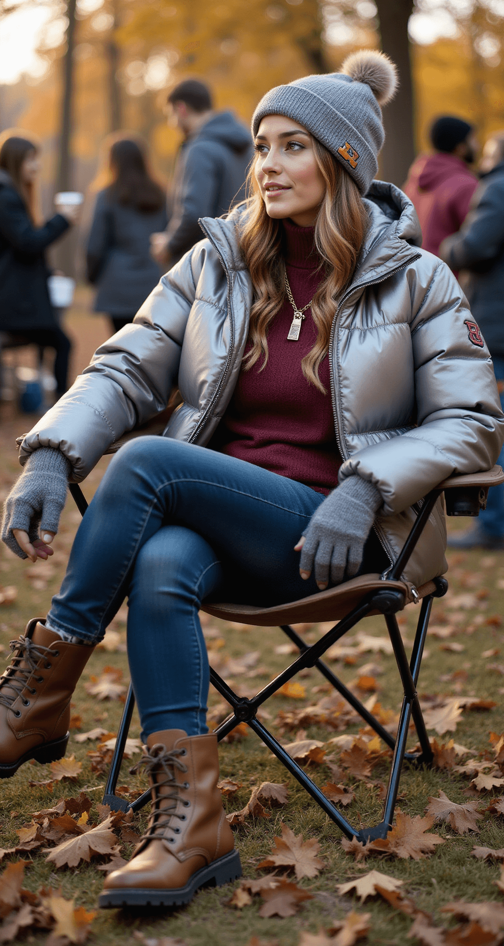 A female model lounges in a folding chair at a crisp autumn tailgating scene, dressed in a burgundy quarter-zip pullover, metallic puffer jacket, dark wash jeans, and brown leather boots with thick socks. She wears a team beanie and fingerless gloves while holding a hot drink, with friends interacting nearby and the late afternoon light filtering through the trees.