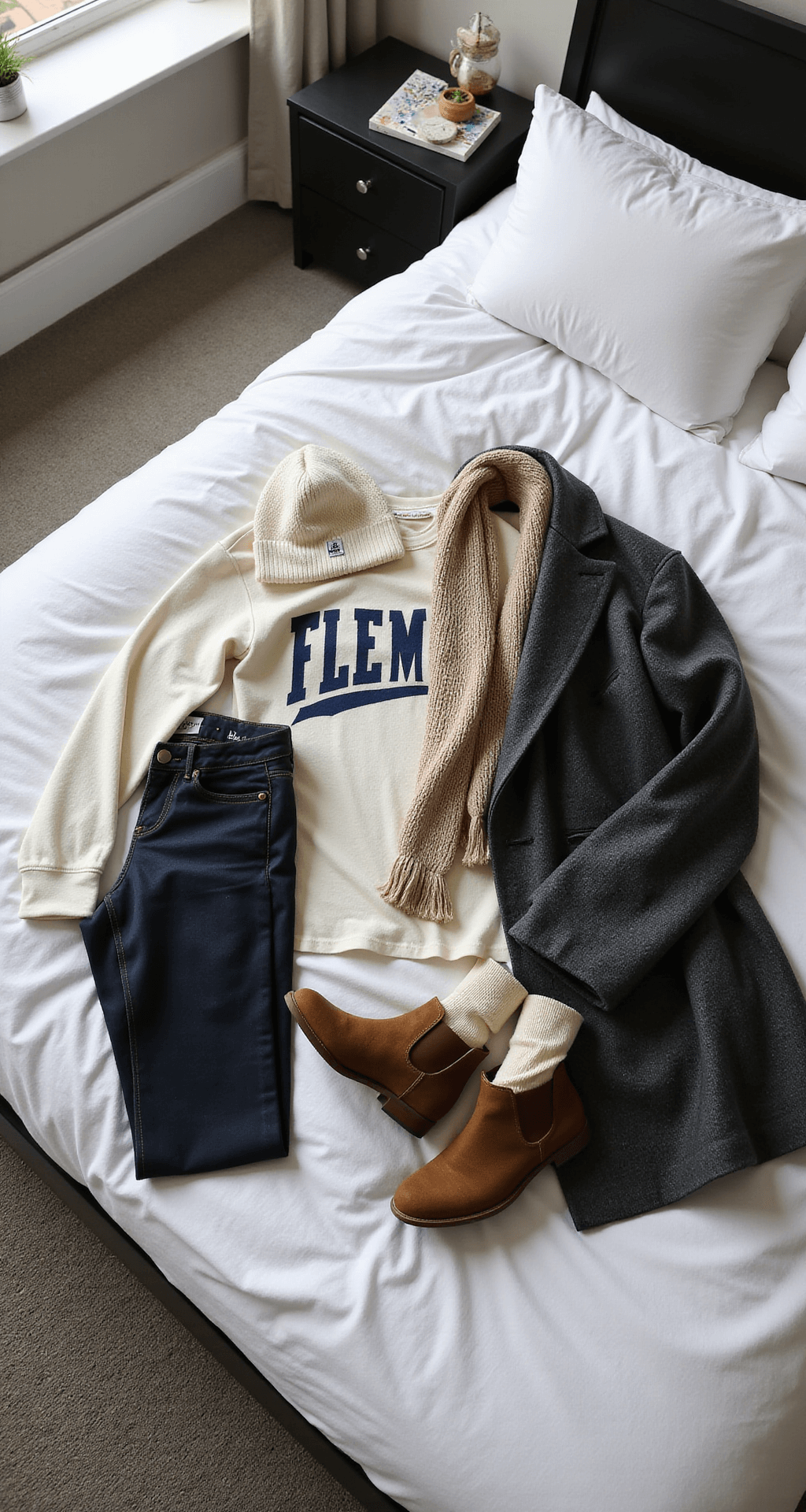 A flatlay of a game day outfit on a plush white duvet in a modern bedroom, featuring a white thermal, vintage-wash team sweatshirt, and a charcoal wool coat, alongside dark skinny jeans, thermal leggings, cream knit accessories, and brown suede boots with thick socks, all illuminated by early morning light casting dramatic shadows.