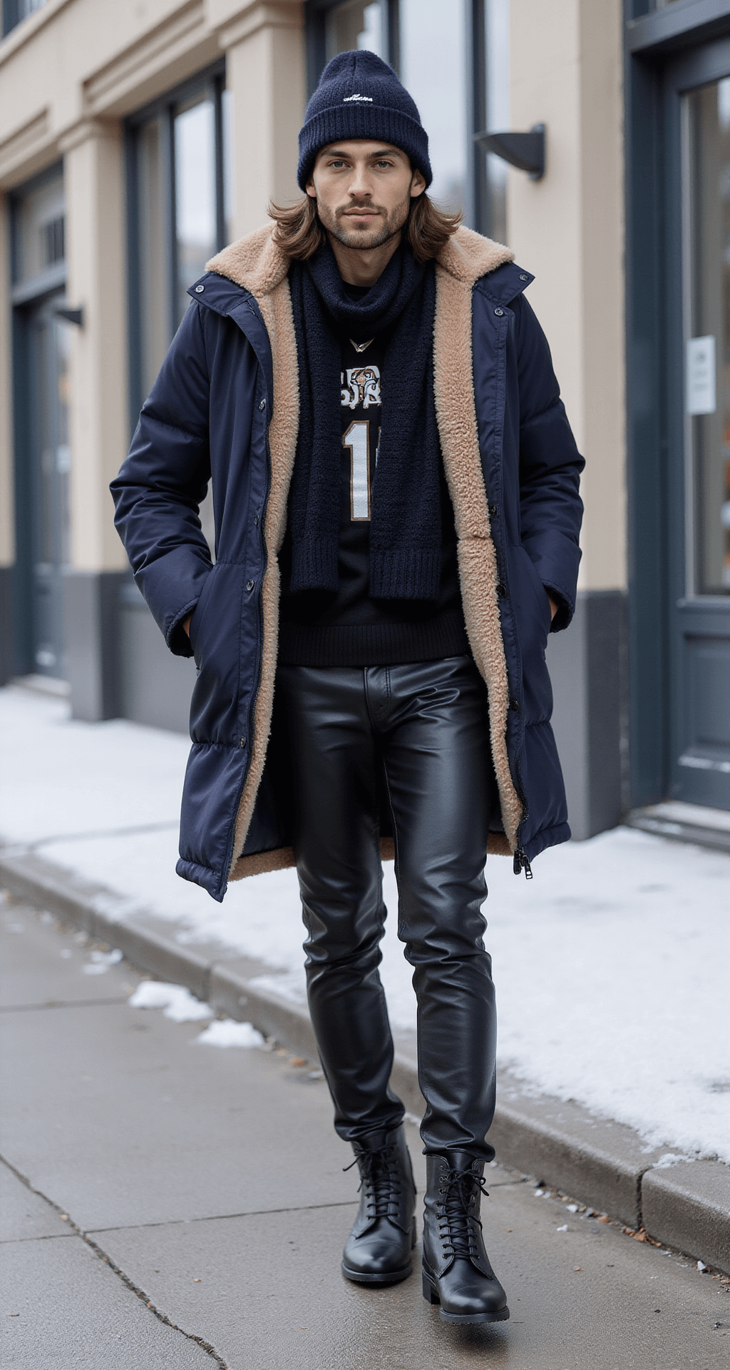Model in a cold-weather ensemble featuring a team jersey and premium navy puffer coat, leather pants tucked into shearling-lined boots, poses in motion outside a snow-dusted stadium, with an overcast sky above, hand warmers peeking from coat pockets and a team beanie and scarf completing the look.