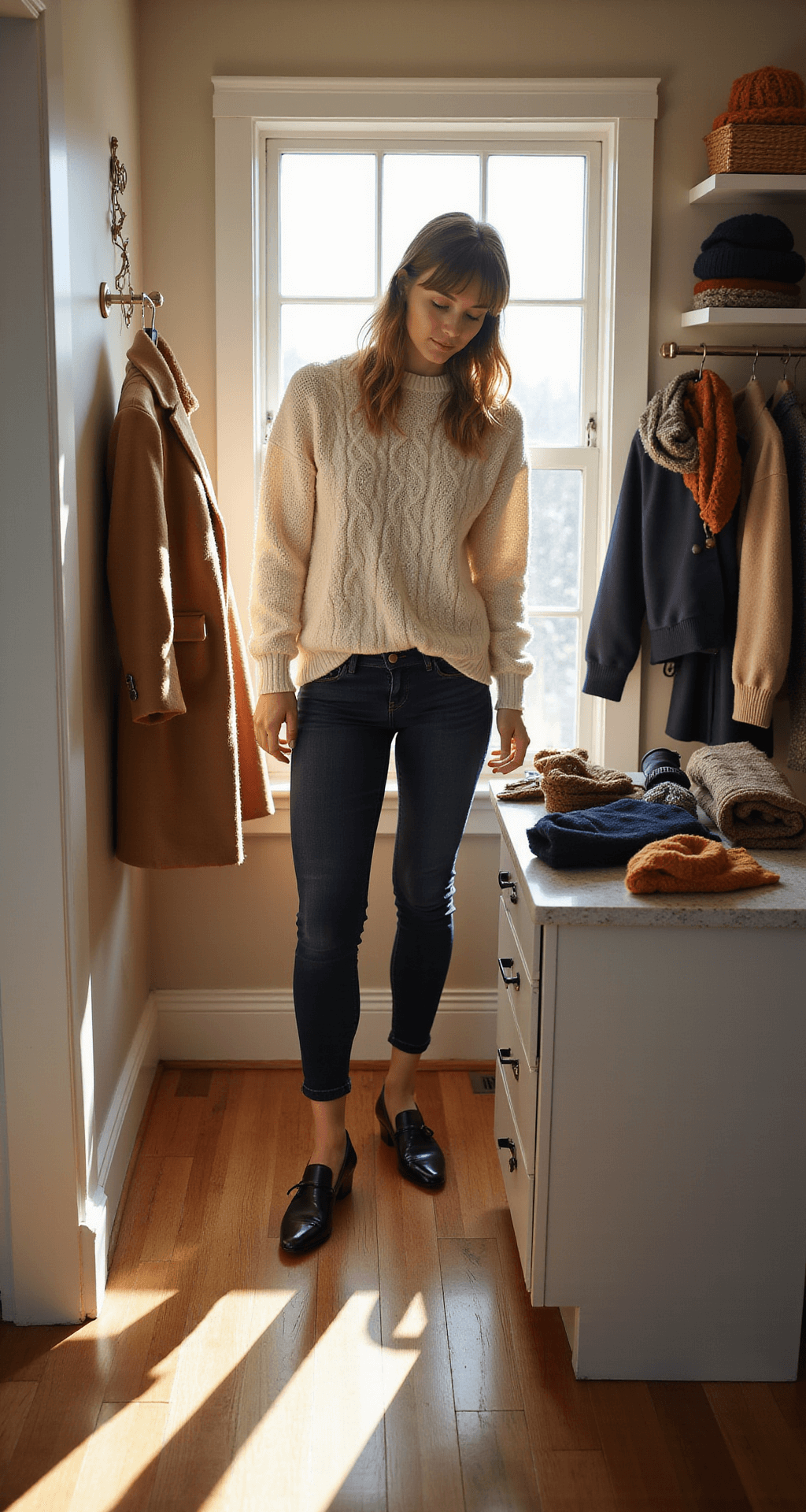A model styles an outfit in a sunlit walk-in closet during golden hour, layering a thermal under a cream cable-knit sweater in team colors. Dark wash jeans and thermal leggings are visible, while a premium camel coat hangs nearby. Accessories like beanies, scarves, and gloves in team colors are neatly organized on the island, with the scene framed by a doorway for a lifestyle feel.