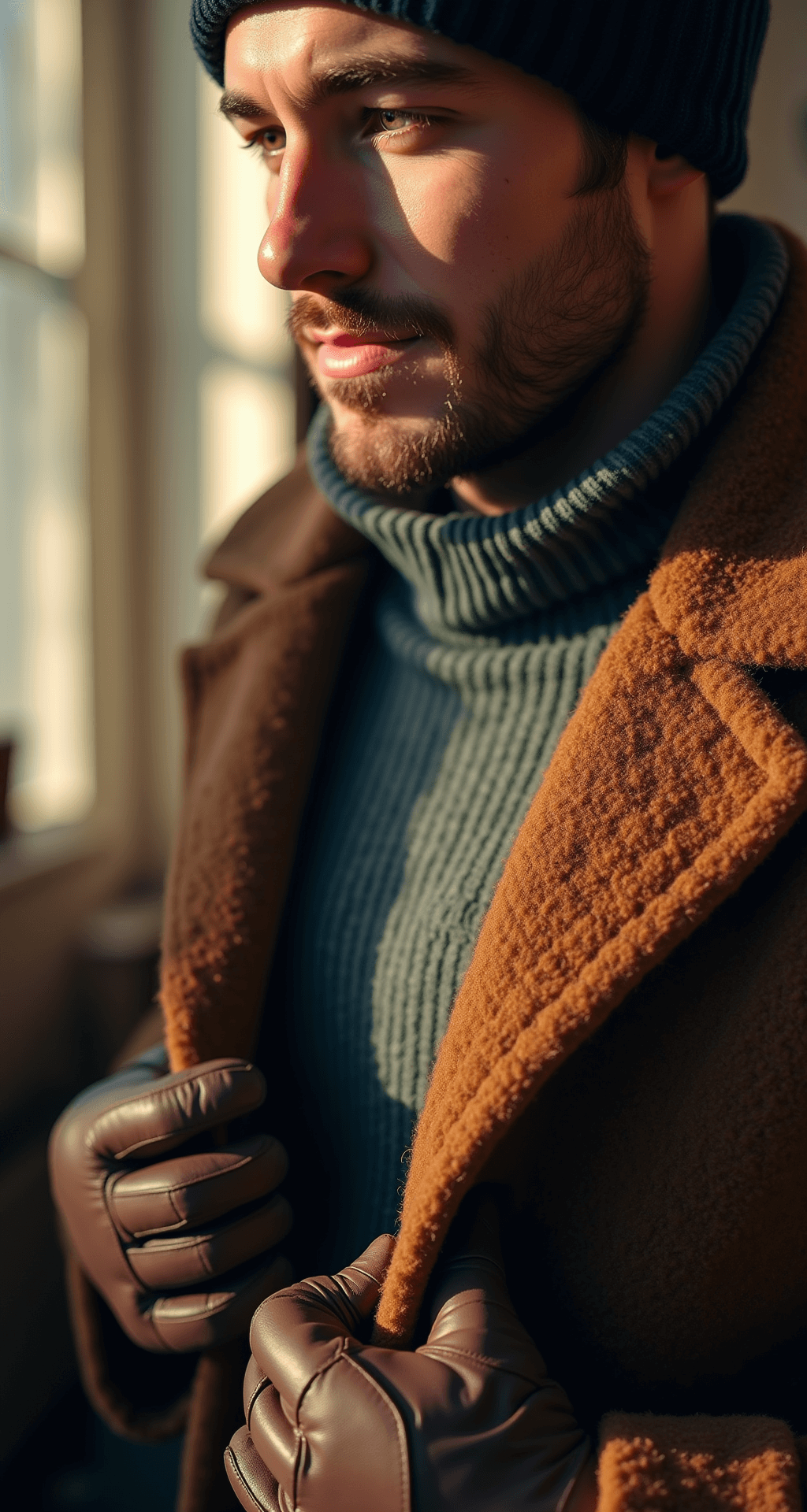 A cozy contemporary living room with soft afternoon light creating long shadows, featuring a close-up of a model in a vintage team sweatshirt and wool coat, highlighting the textures of thermal fabric, worn sweatshirt, and plush wool, with leather gloves and a team beanie in the frame.